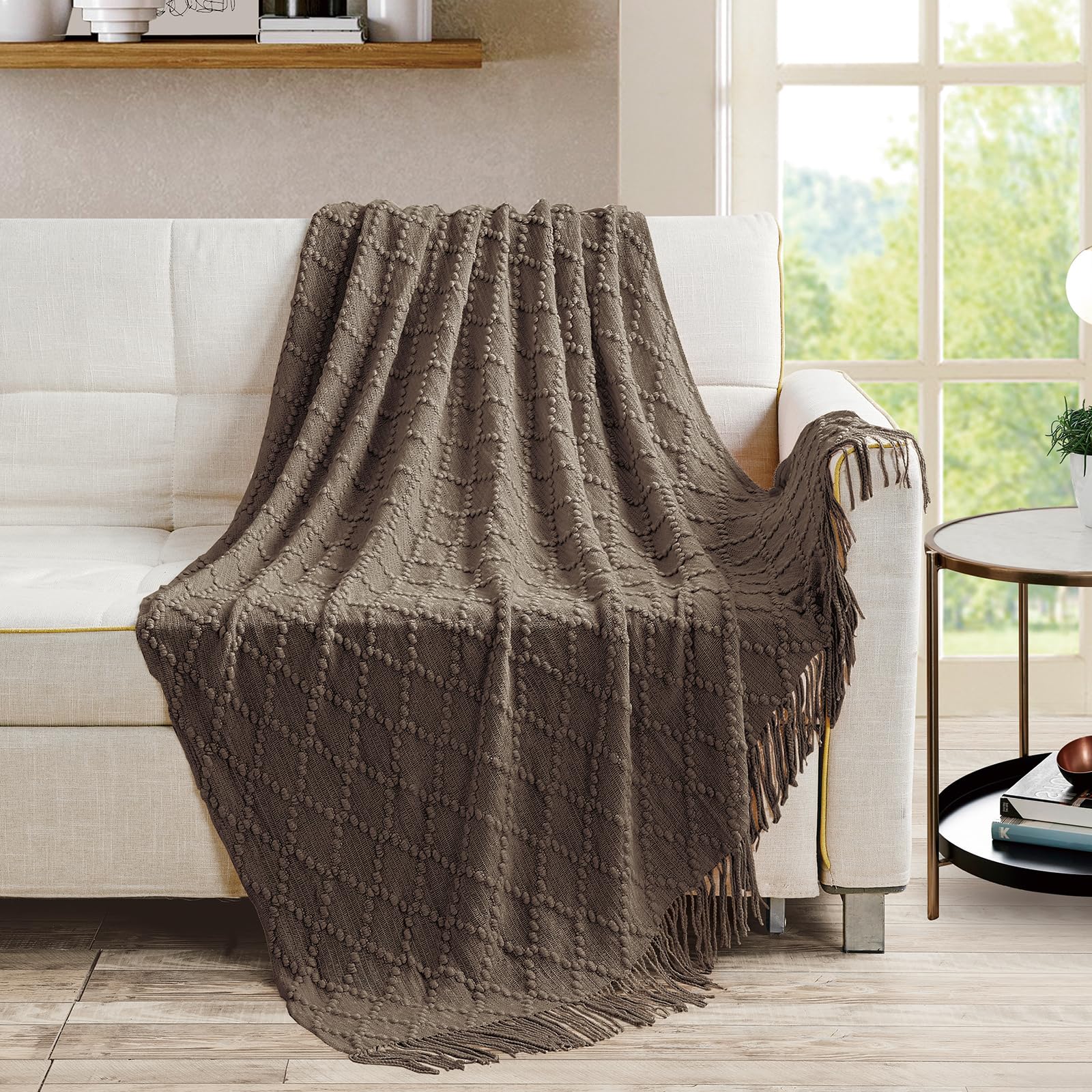 BOURINA Throw Blanket Textured Solid Soft Throws and Blankets for Sofa or Bed Knitted Decorative Blanket 127x178cm Brown - Image 2