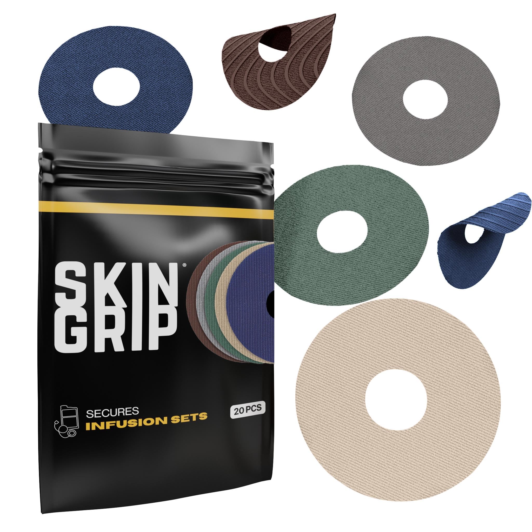 Skin Grip Universal Adhesive Patches for CGM and Insulin Pumps with Cutout (20-Pack) 0.8-Inch Hole, Waterproof & Sweatproof for 10-14 Days, Glucose Monitor Patch, Diabetic Sensor Cover, Basics Pack