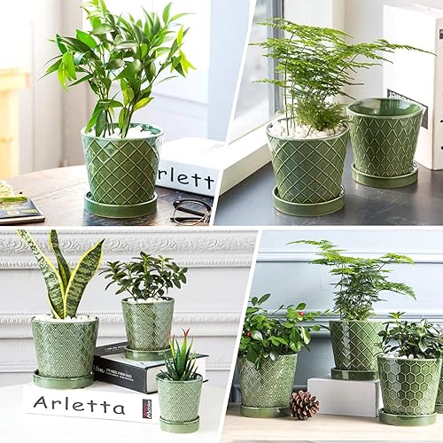 Miniatura 5 de BUYMAX  Juego de 4 maceteros de cerámica de 5pulgadas con orificios de drenaje y bandeja de cerámica, regalo para jardinería, decoración de