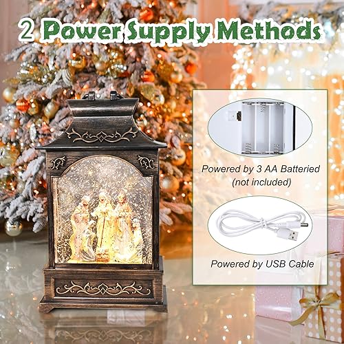 Miniatura 7 de Farol musical de Navidad con diseño de globo de nieve – Natividad escena de agua globo de nieve brillante portátil colgante de mesa linterna