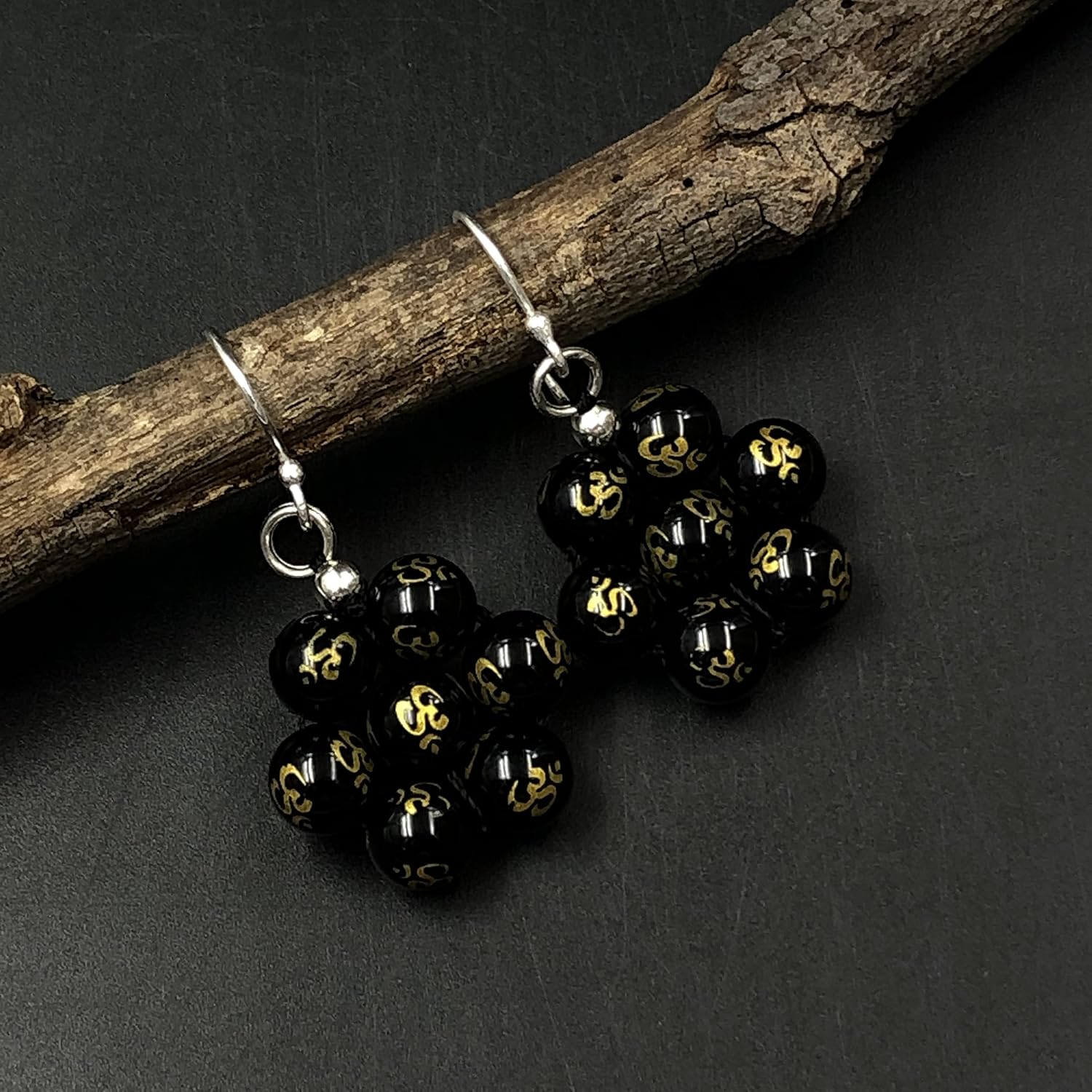 Black Om Gemstone 8mm Round Beaded 925 Sterling Silver Jewelry Earring, Stylish Earring For Her, Fine Jewelry, Drop & Dangle Earring, Sterling Silver, black om