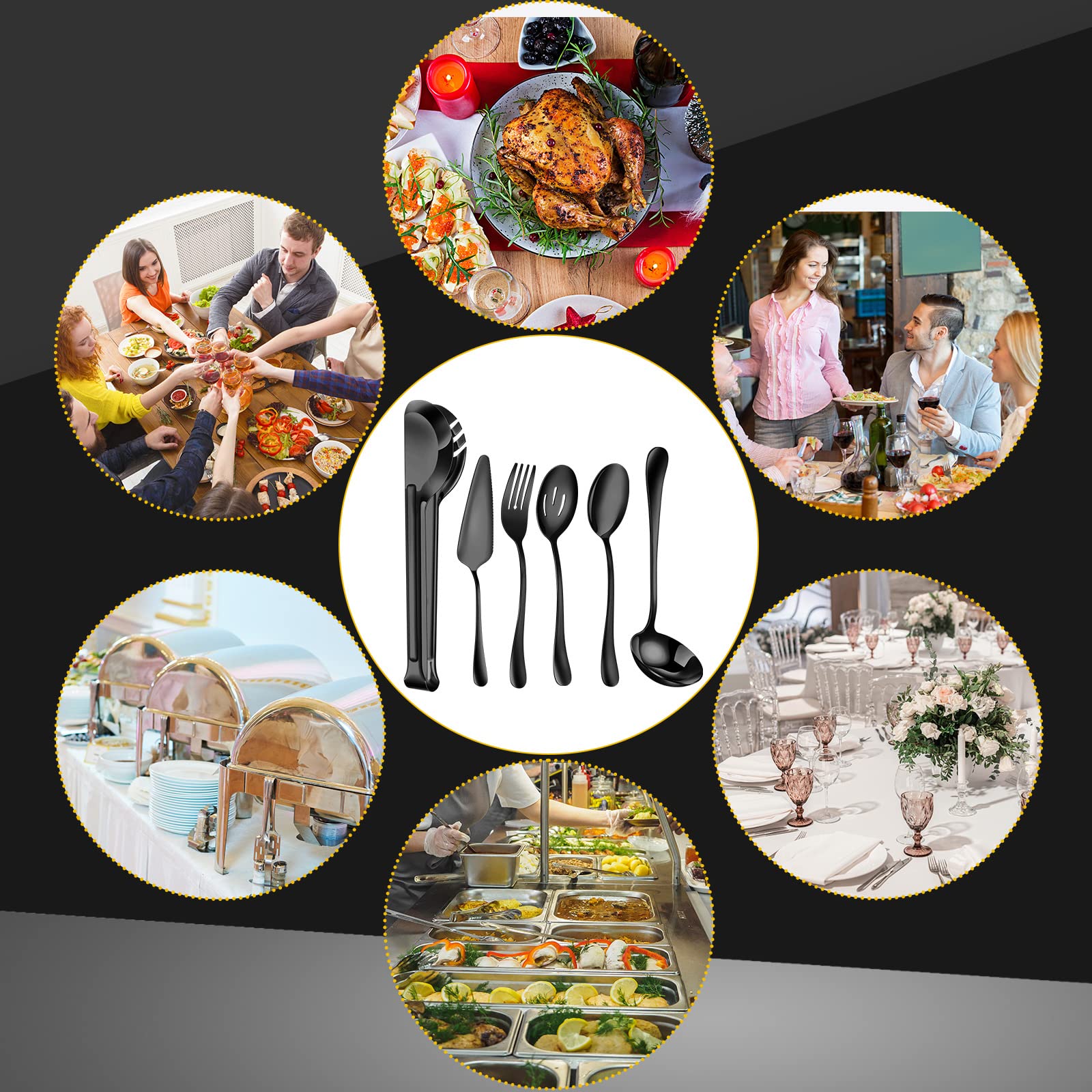 Juego de 30 utensilios de servir de acero inoxidable que incluye cucharas grandes ranuradas, tenedores de servir, cucharón de sopa, servidor de pastel y pinzas de servir para fiesta de buffet (negro)