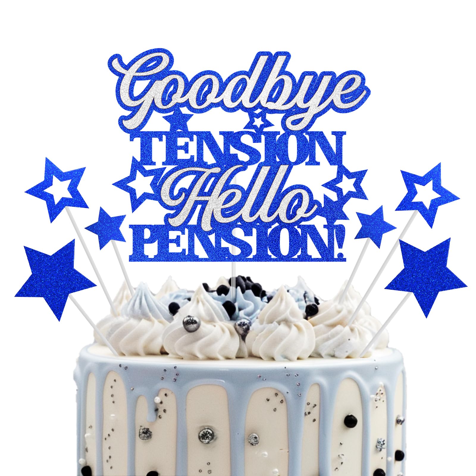 Goodbye Tension Hello Pension Cake Topper, Happy Retirement Cake Topper, Blue Silver Glitter Officially Retired Cake Decorations, Retirement Farewell Party Supplies Decor for Men Women