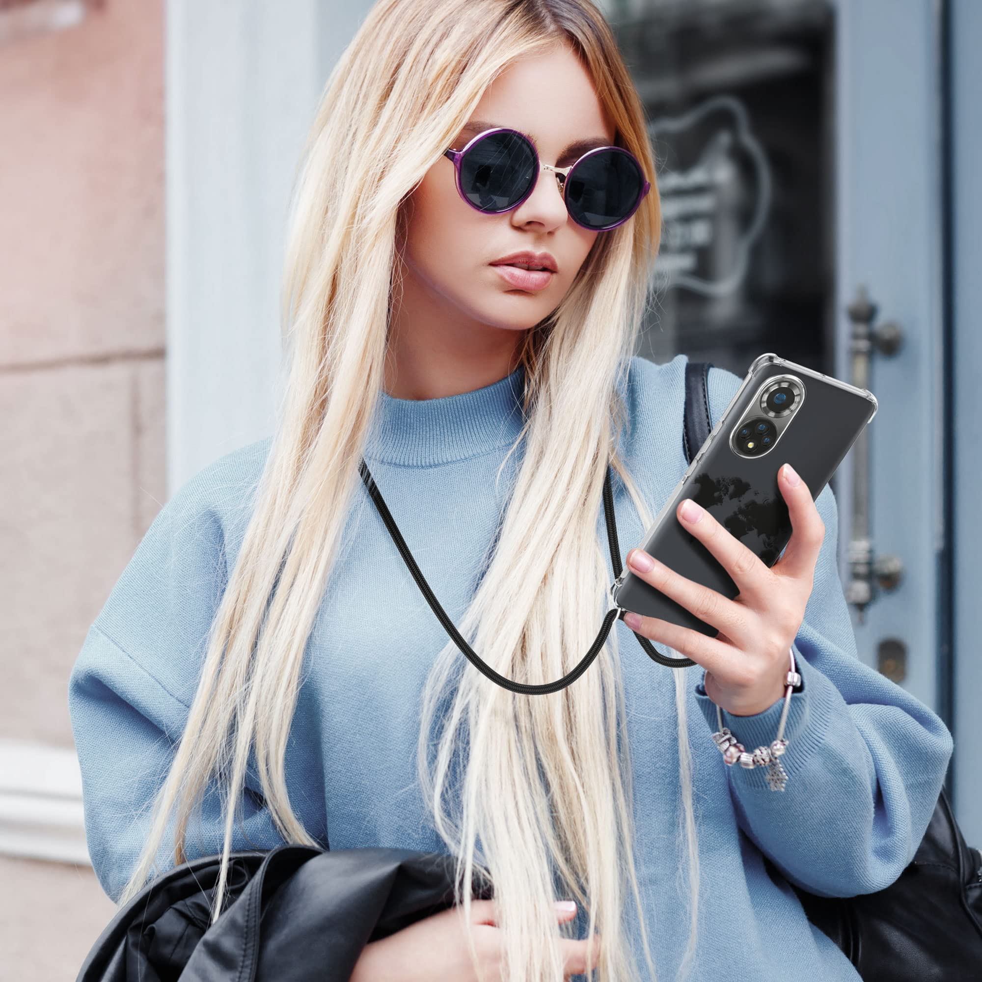 Kwmobile Crossbody Case Compatible With HONOR 50 Case Strap - Cherry Blossoms Pink/Dark Brown/Transparent - View #8