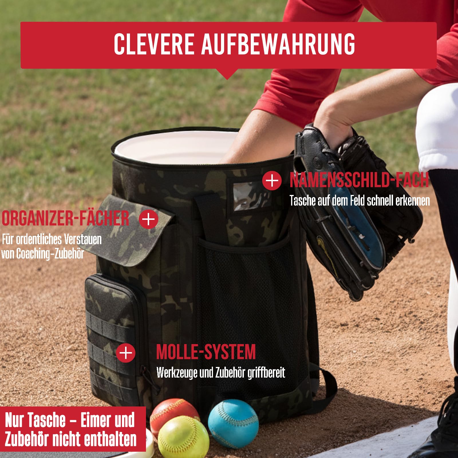Baseballtasche für 6-Gallonen-Eimer – Baseball-Rucksack für Trainer mit gepolstertem Deckel, großer Organizer für Bälle, Schläger, Handschuhe und Zubehör, Eimer Nicht enthalten
