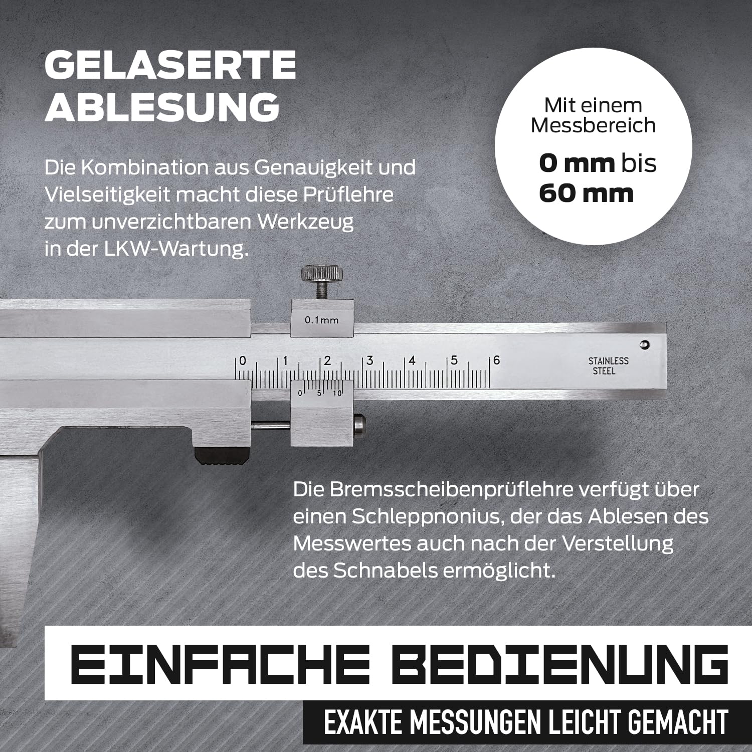 MIB Bremsscheiben-Messschieber | Präzise Bremsscheiben-Prüflehre 50mm | Messwerkzeug für Messlehre | Caliper | Schieblehre Metall | Rostfreier Stahl | Nonius 1/10 mm | Mattverchromter Ablesebereich