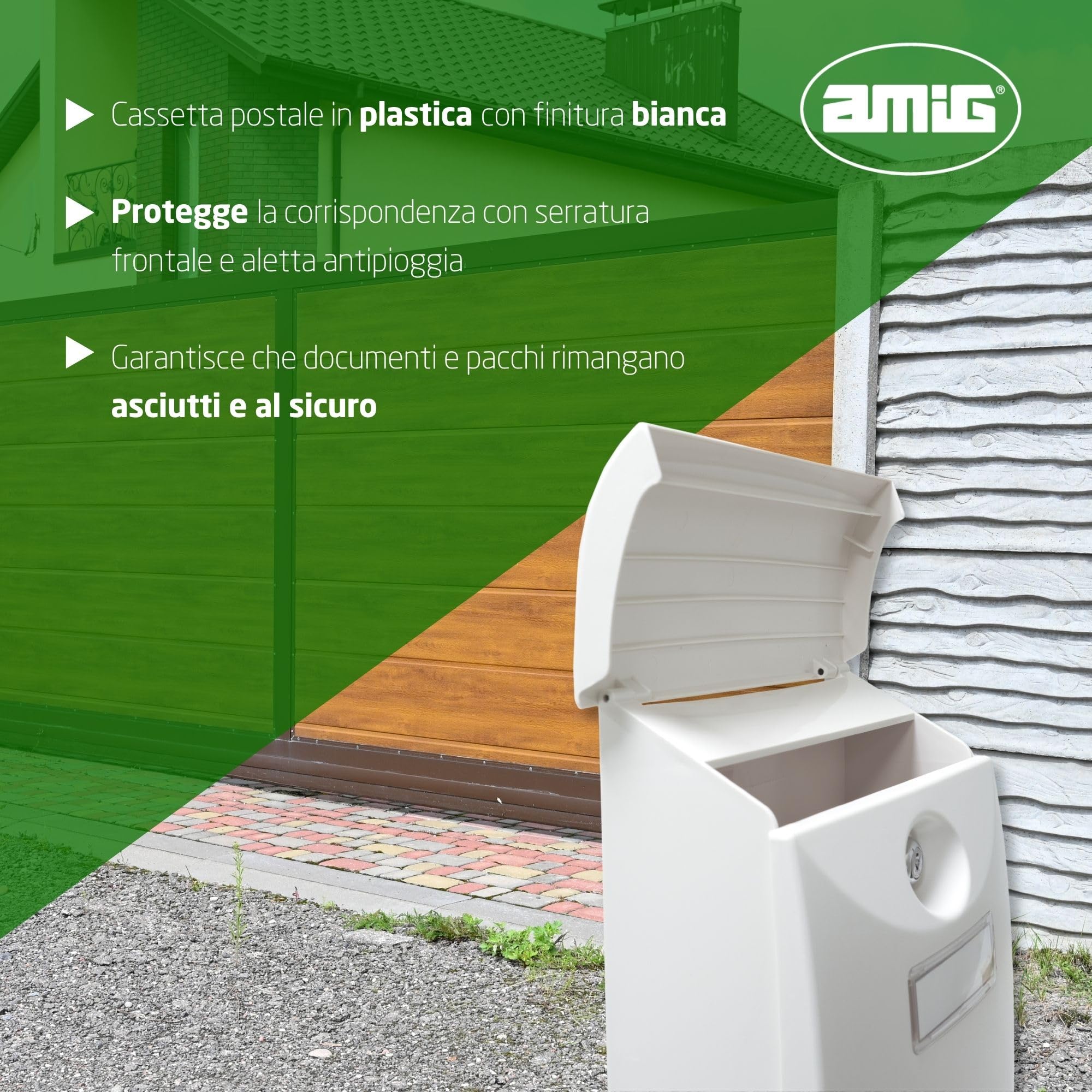 Amig - Cassetta delle lettere esterna modello 7 | Design moderno e resistente | Facile installazione con serratura | Protezione dalla pioggia | Dimensioni 34,5x20,5x10,5 cm, Bianco, Plastica