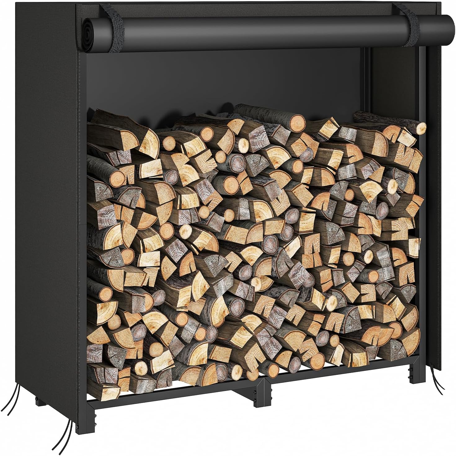 HOOBRO 4FT Firewood Rack with Cover, Adjustable Firewood Log Rack with 2 S-Shaped Hooks, Oxford Fabric Cover, Heavy Duty Log Holder, Fireplace Wood Storage, for Indoor and Outdoor, Black BB04CH02