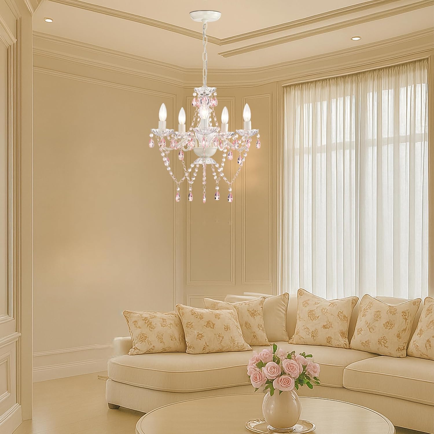 Small Pink and White Girls Bedroom Light – 5-Light Modern Acrylic Crystal Ceiling Fixture, Mini Chandelier for Kids Room, Dining Room, Living Room, Foyer