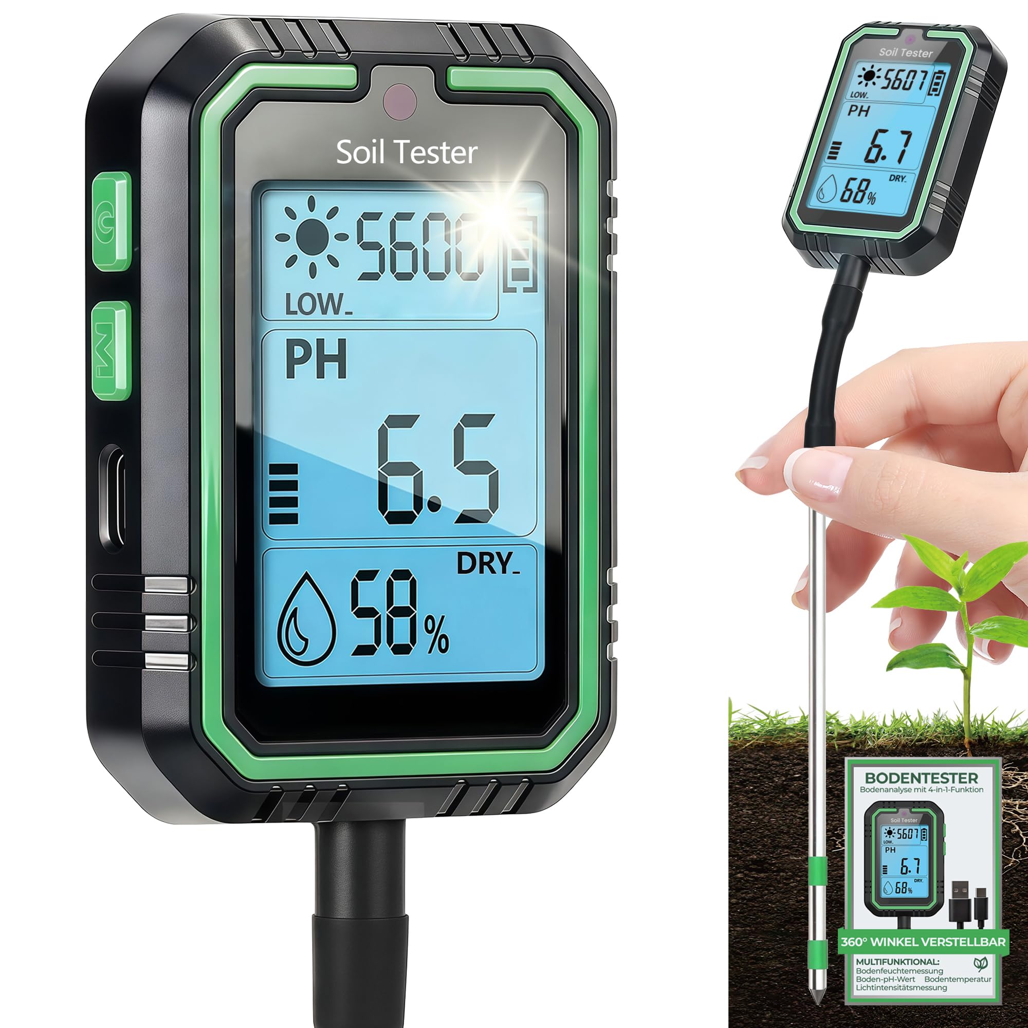 Rhein-B® Feuchtigkeitsmessgerät Pflanzen, 4-in-1 Digital Plant bodenmessgerät with ph messgerät Erde/Temperature/Feuchtigkeit/Licht für Gartenarbeit, Farm, Rasen, Landwirtschaft und Outdoor-Pflanzen