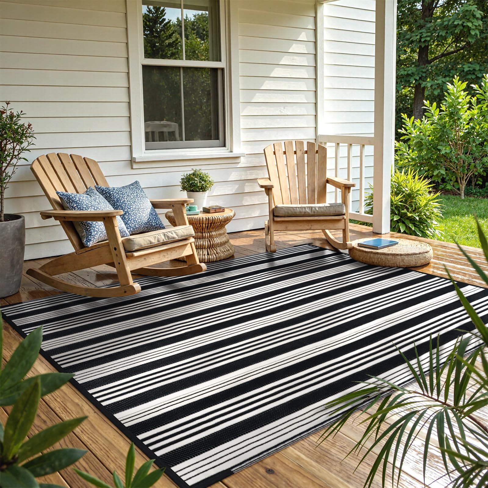 LEEVAN Outdoor Rug Waterproof for Patio Clearance Black and White Camping Rug 6x9 Plastic Straw Striped Floor Carpet for B...