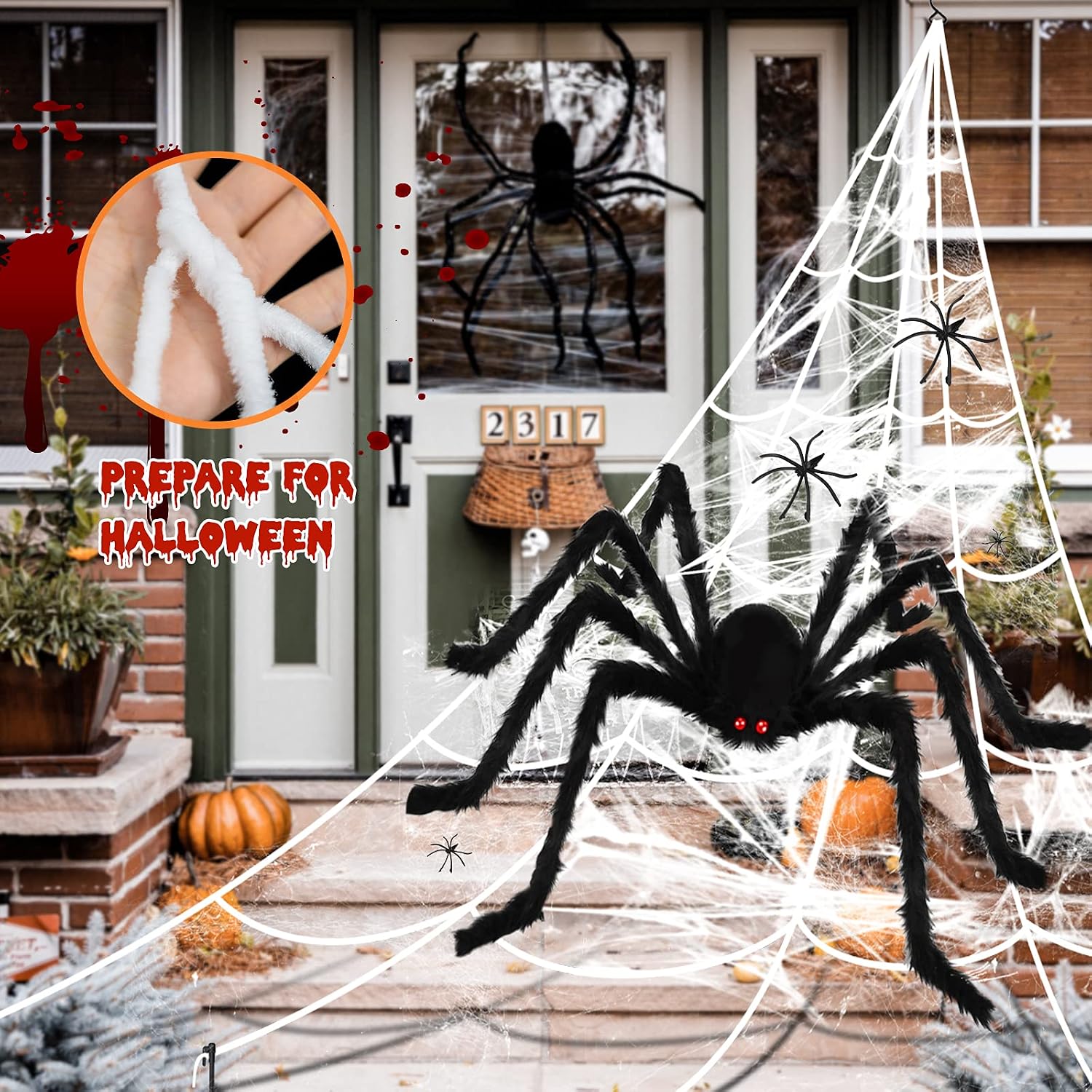 Halloween Decorations, 2Pcs 50'' Giant Spider + 200'' Triangular Spider Web and 100'' Round Spider Web, with Hook, Stretch Web and Ground Stakes for Indoor Outdoor Halloween Decor Haunted House Props