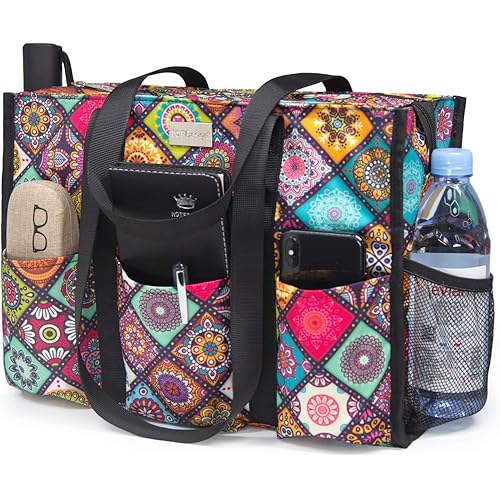 TOPDesign Utility Water Resistant Tote Bag with 13 Pockets, Top Zipper Closure & Thick Bottom Support, for Working Women