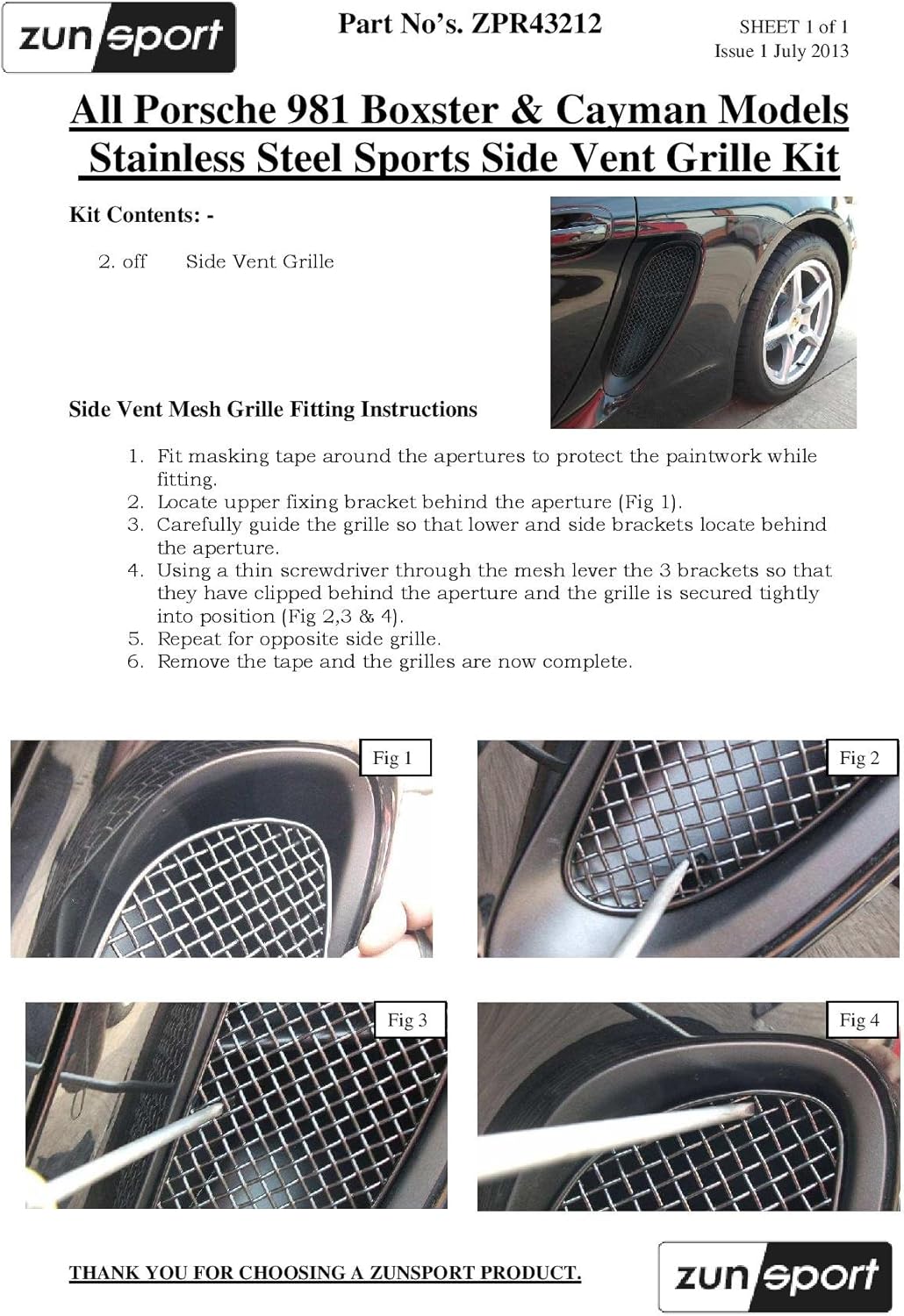 Zunsport Compatible With Porsche Cayman/Boxster 981 (All) - Side Vents Grill Set - Black finish (2012 to 2016)