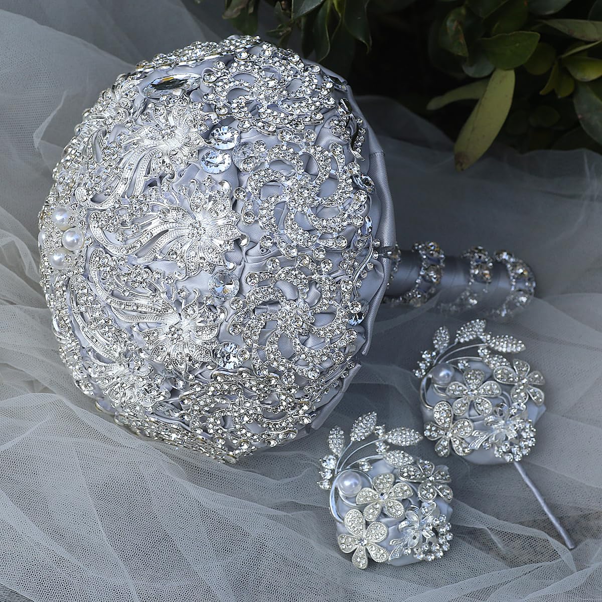 Amazon.com: DOTKV Elegant Silver Grey Wedding Bouquets for Bride