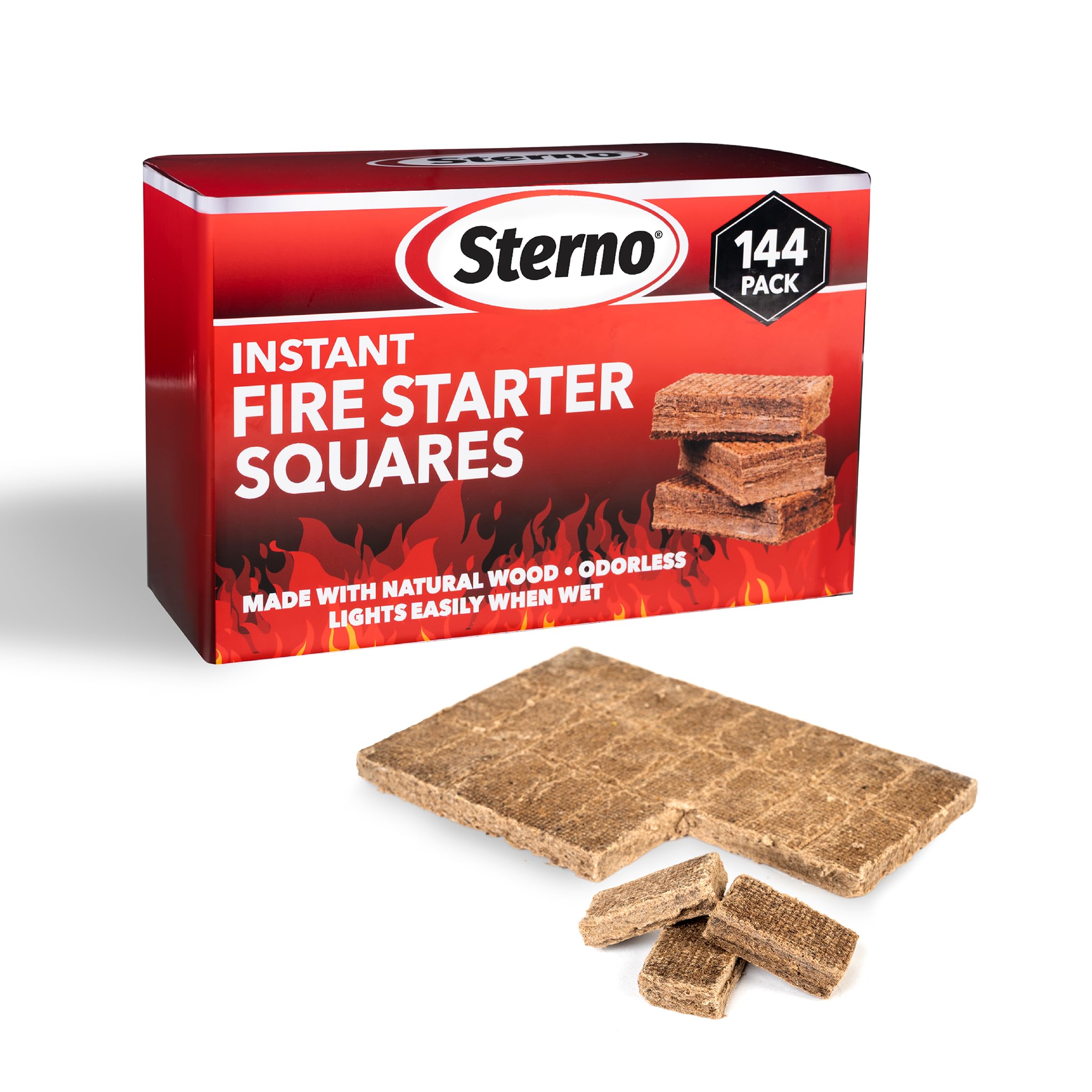 Sterno Sofortige Feueranzünder, quadratisch, 144 Stück, hergestellt aus Naturholz, geruchlos, leuchtet sofort, auch wenn es nass ist, für drinnen und draußen