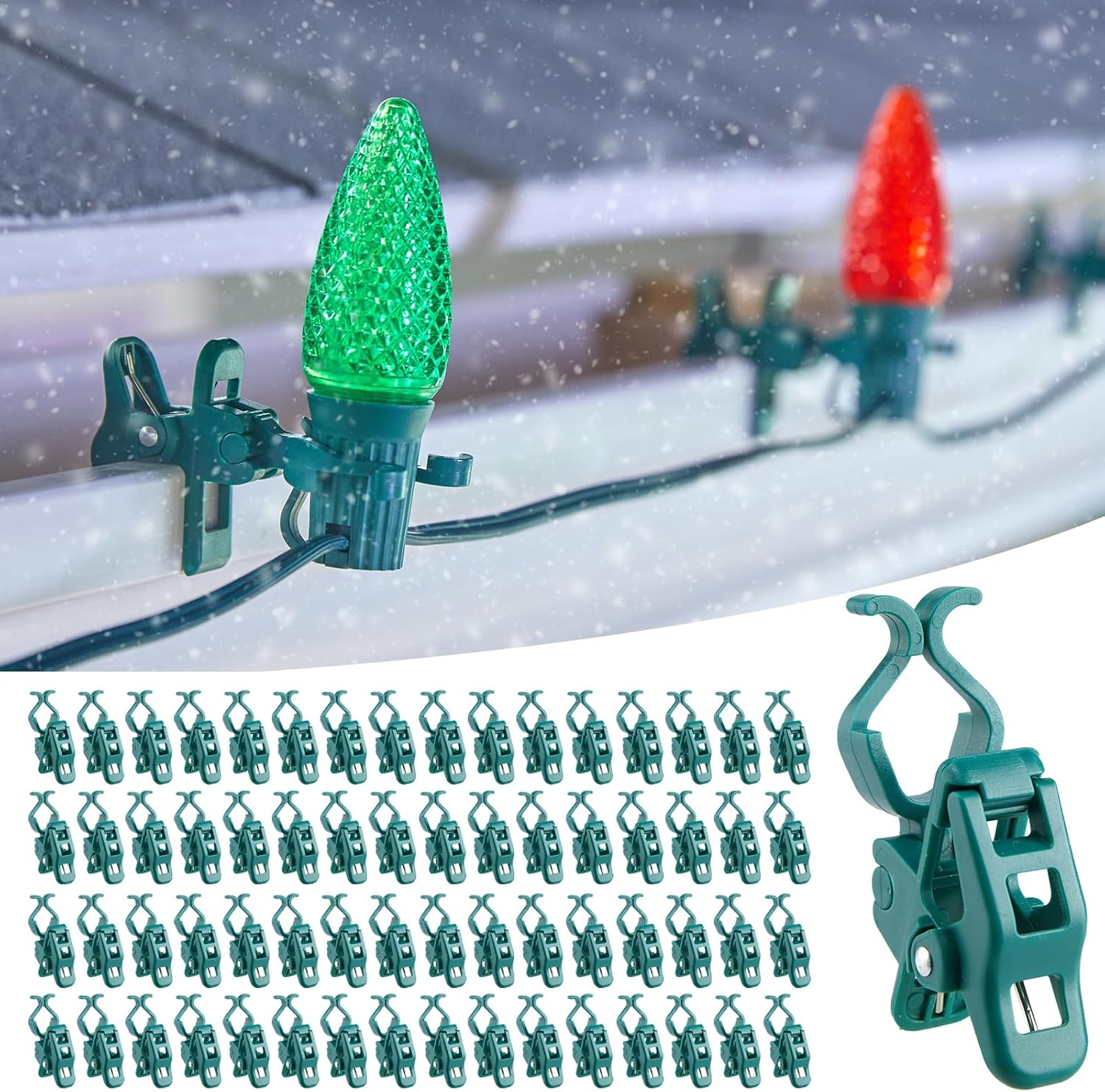 Minetom C7 C9 Christmas Light Clips Outdoor, 100 Count Universal Quick Christmas Light Spring Clips for Outside Roof Gutter Shingle Fence E12 E17 Base