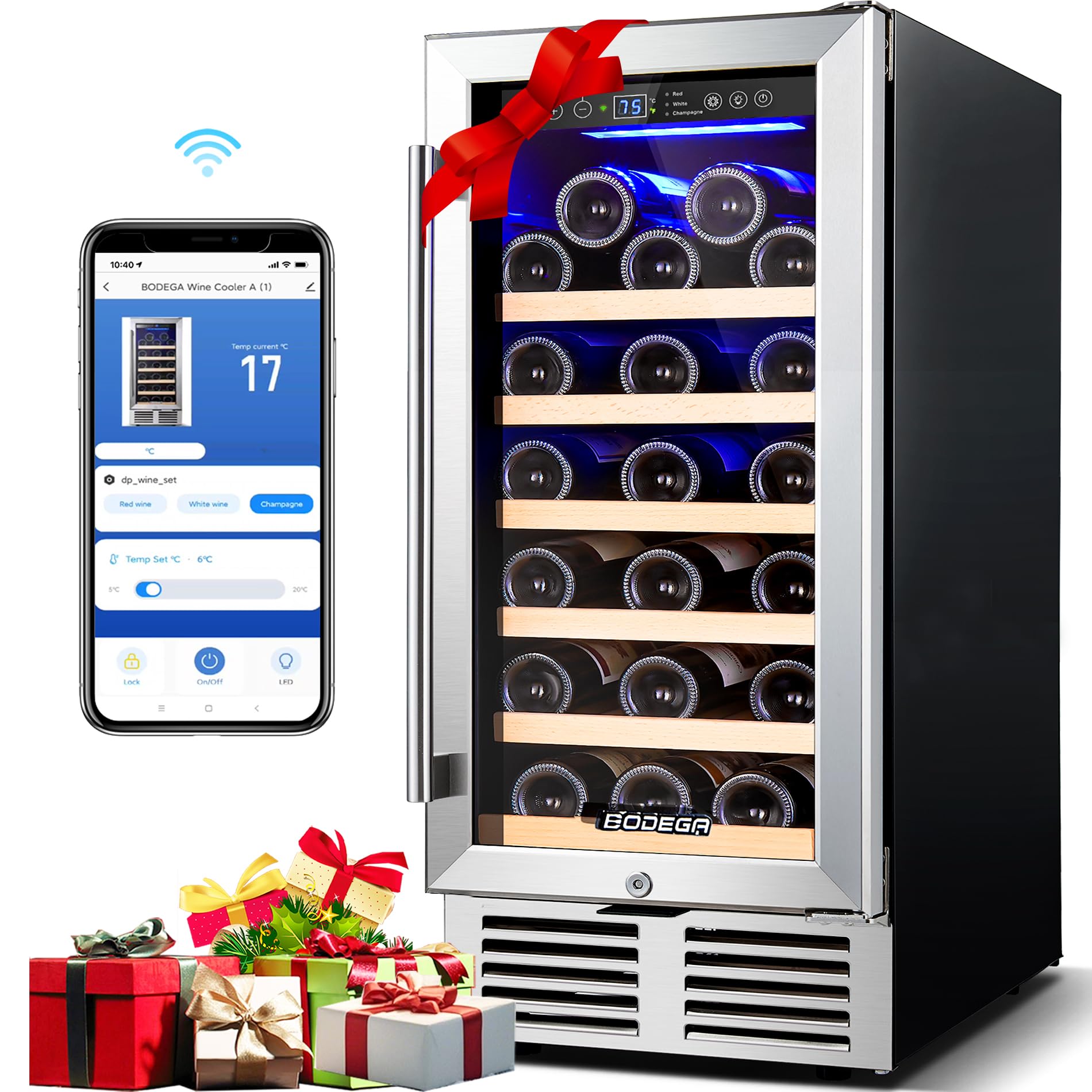 BODEGA 15 Inch Single Zone Wine Fridge with App Control, Holds 31 Bottles