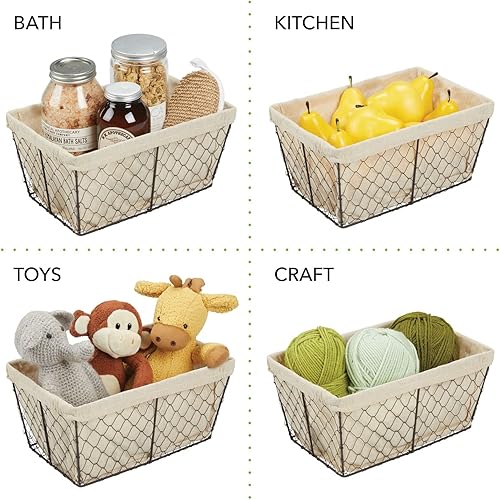 Miniatura 6 de mDesign Cesta organizadora mediana de metal para el hogar, diseño de alambre de pollo, forro de tela para cocina, baño, sala de estar, despensa,