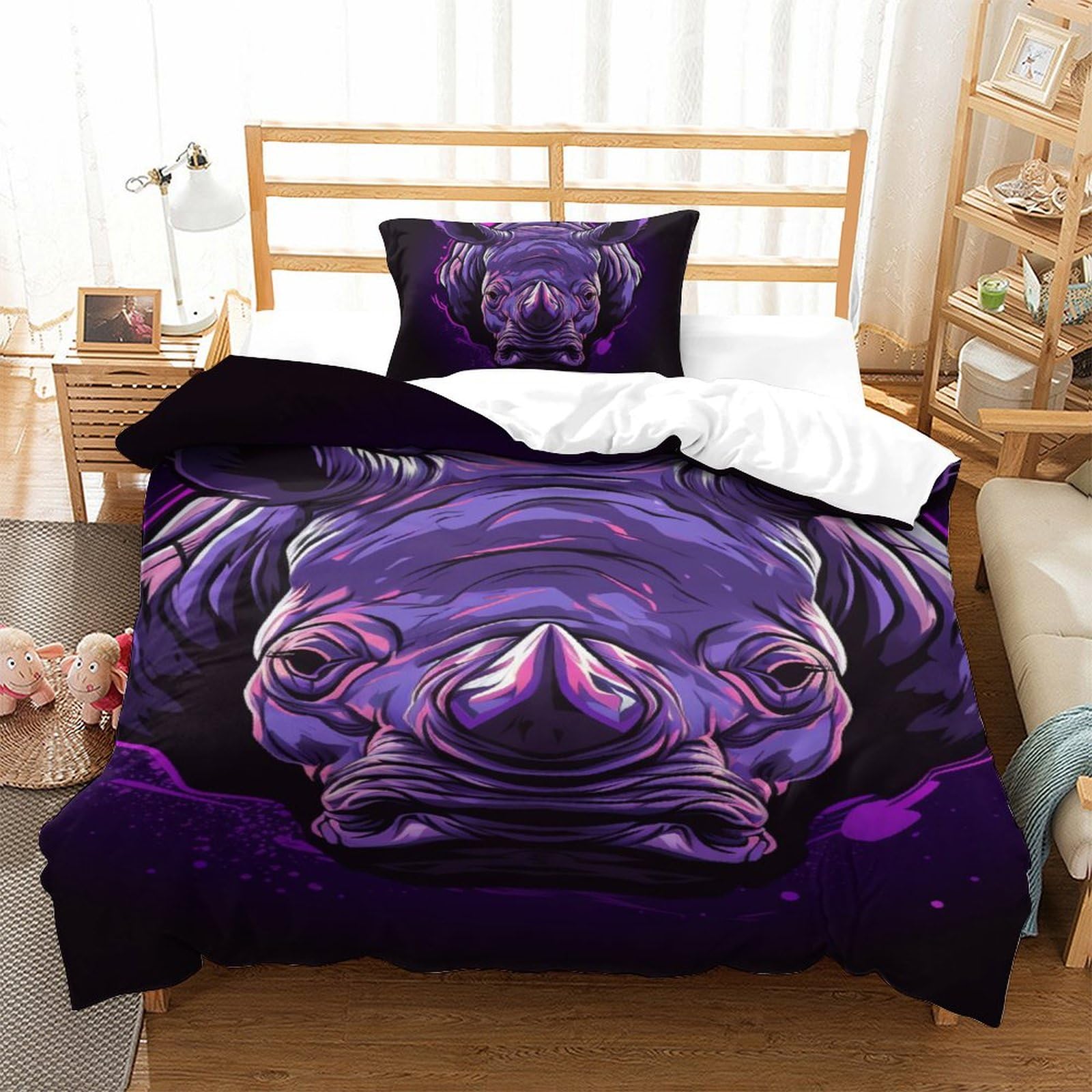Parure de lit rhinocéros 3 pièces en microfibre housse de couette 135x200cm pour enfant