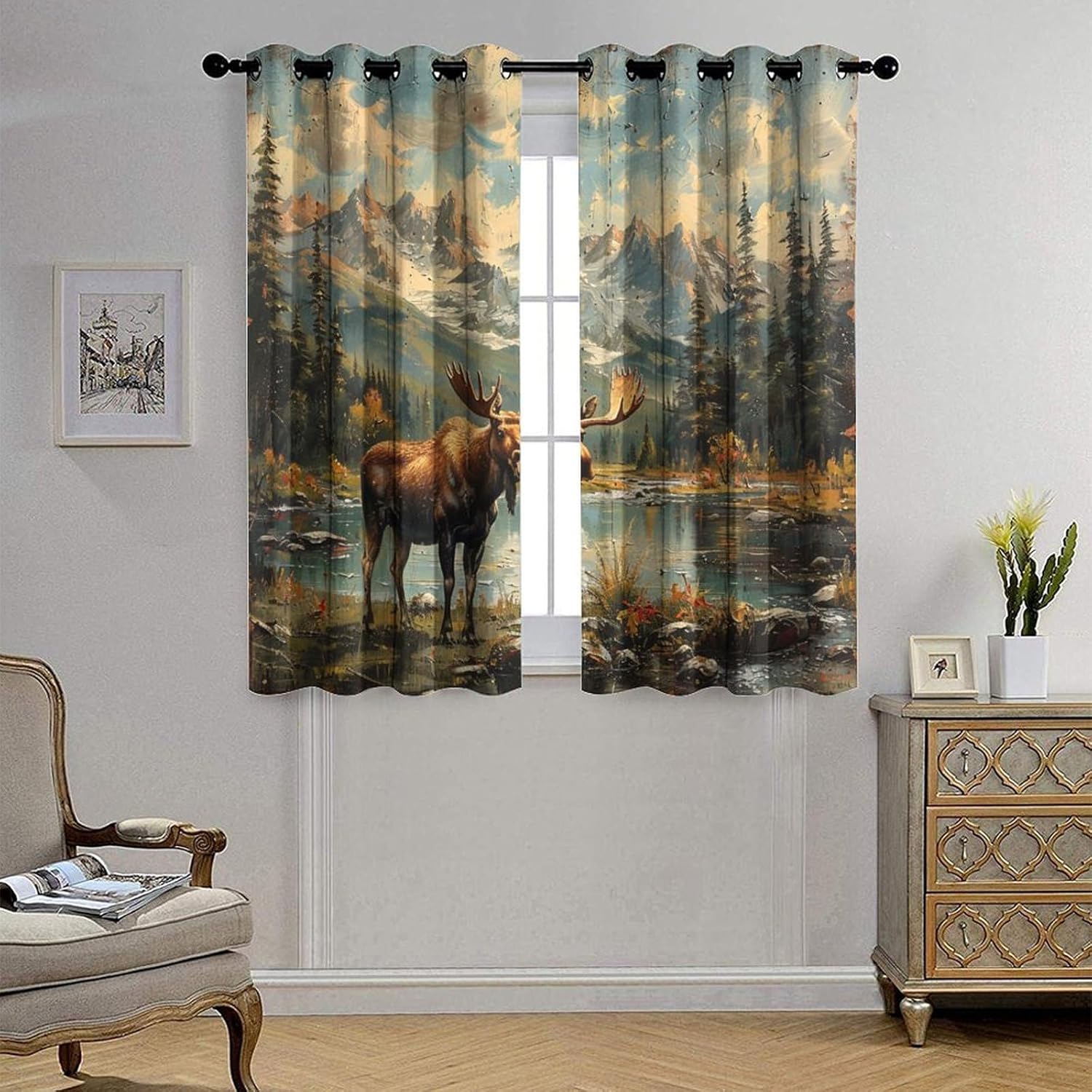 Retro Rustic Moose Animal Curtains for Bedroom, Snow Mountain Forest Pond Deer Grommet Blackout Curtains Thermal Insulated Window Drapes for Living Room, 21W x 45L, 2 Panels