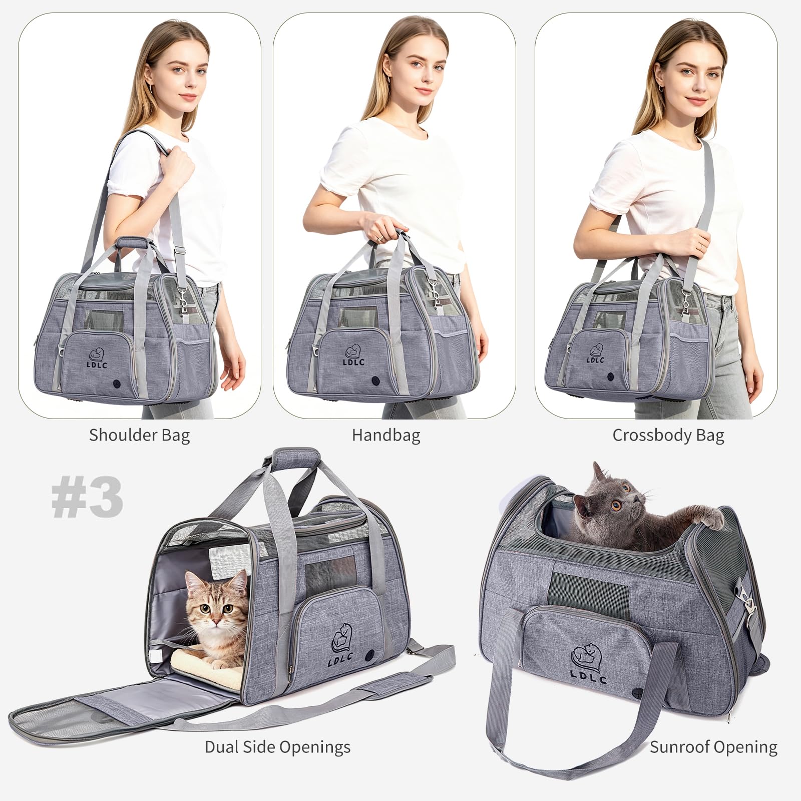 PETCUTE Transportín Perro Gato, Transpirable y Portátil Bolsa de Transporte para Mascotas,Portador de Viaje con Correa de Hombro Ajustable y Cinturón de Seguridad Interno para Tren/Coche/Avión