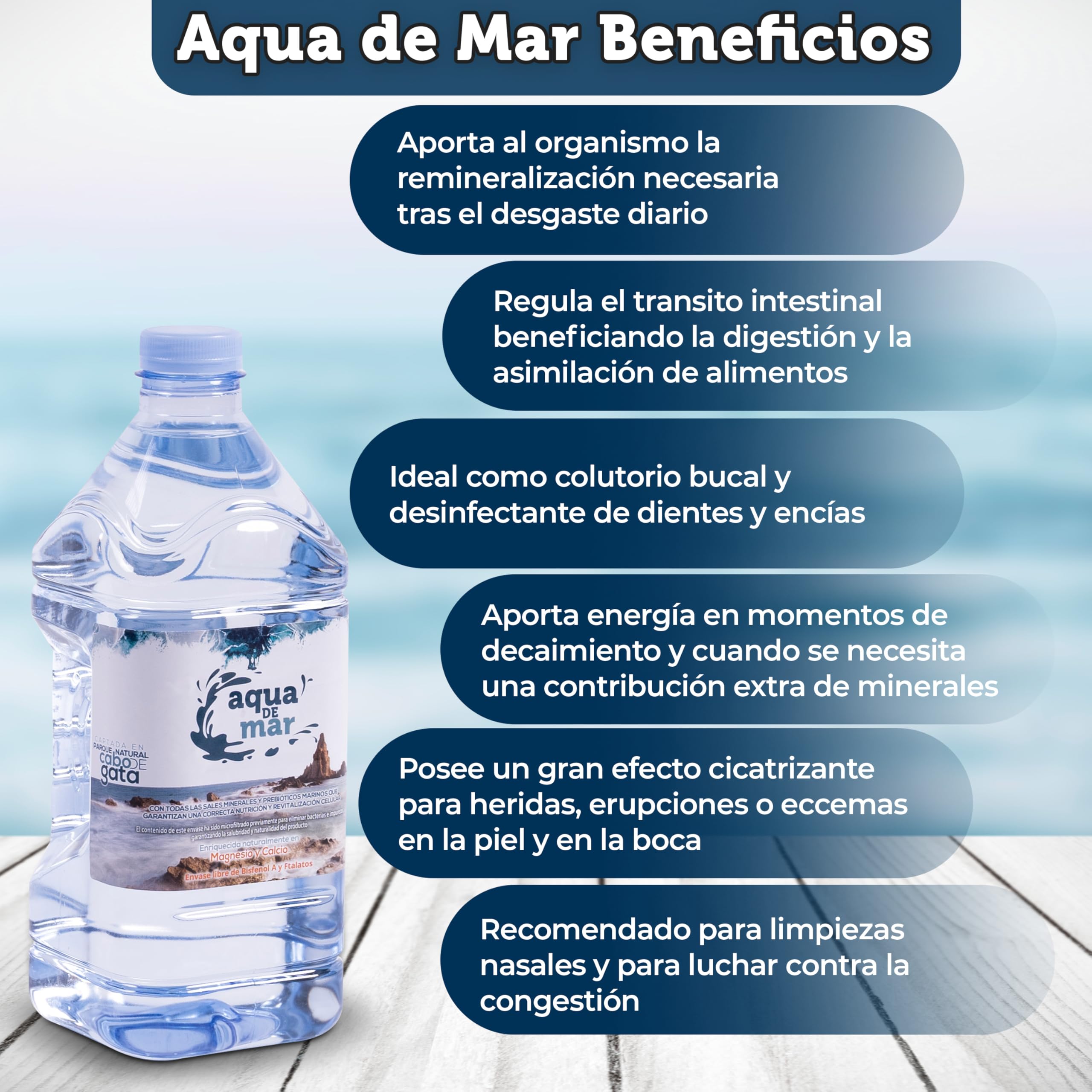 Agua de Mar hipertónica 2 litros (Pack de 6 uds) - Envase de Plástico Libre de Bisfenol A y Ftalatos - Aqua de Mar - Múltiples beneficios - Captada en el Parque Natural Cabo de Gata (Almería)