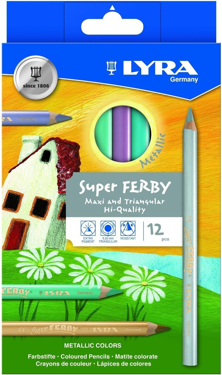 Lyra Super Ferby Triangular Metallic Colored Pencils - Set of 12 Metallic Pencils with A 6.25mm Core - Highly Pigmented Colored Pencils for Artists of All Ages - Durable Pencils for Coloring and More