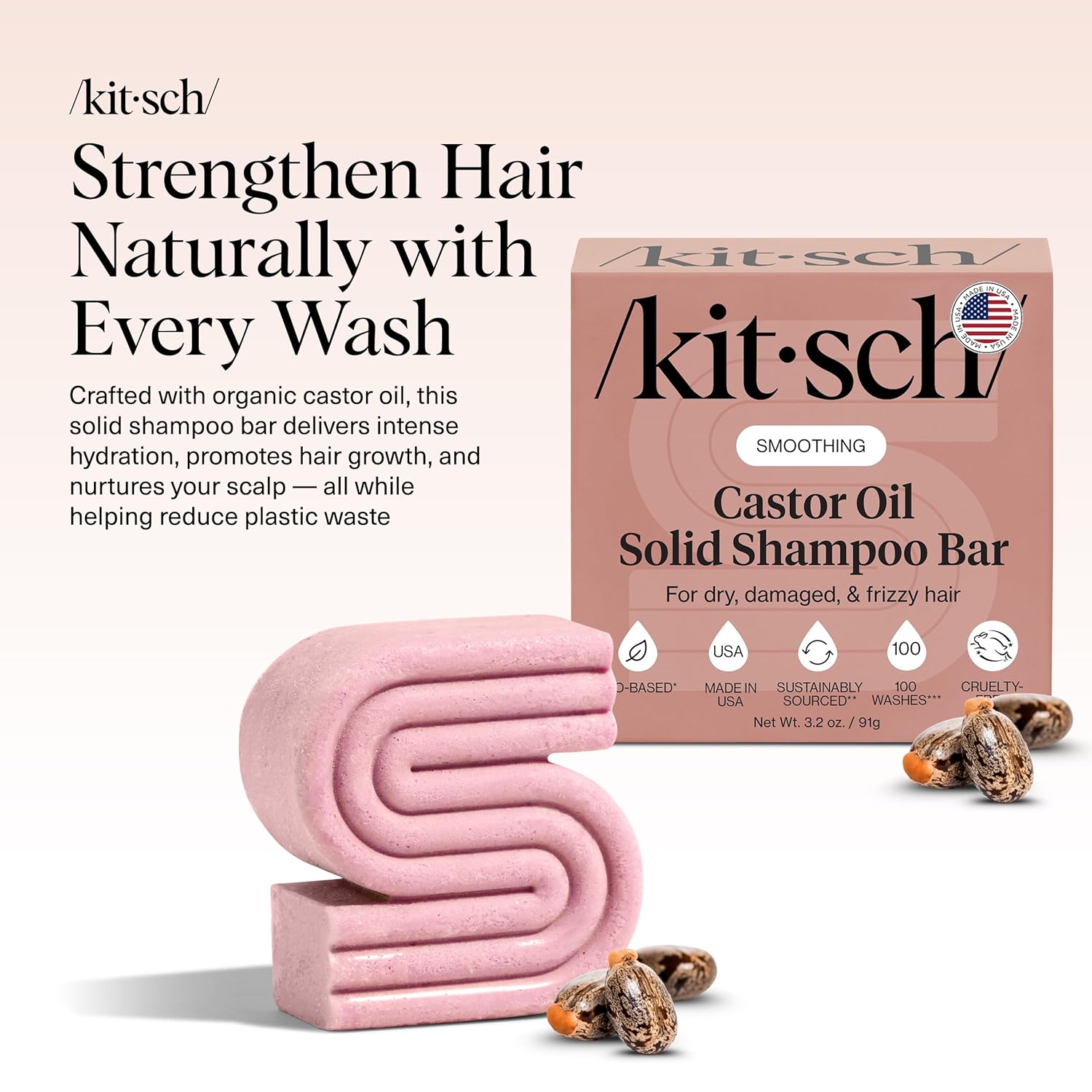 Kitsch Castor Oil Shampoo Bar Soap - Hydrating & Moisturizing Hair Care - Organic Castor Oil Solid Shampoo for Hair Growth & Scalp Nourishment - Silicone & Paraben-Free, Vegan, Made in USA - 3.2oz - Image 2