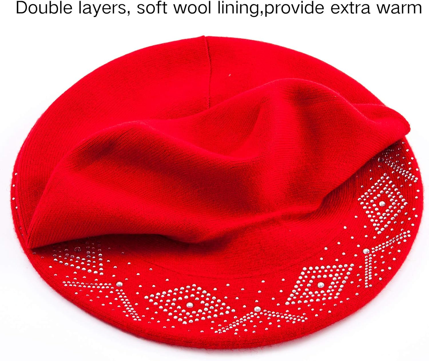 Winter Warm Rhinestone Beret Hats for Women 2 Layers Wool French Knit Cap Lady - Image 3