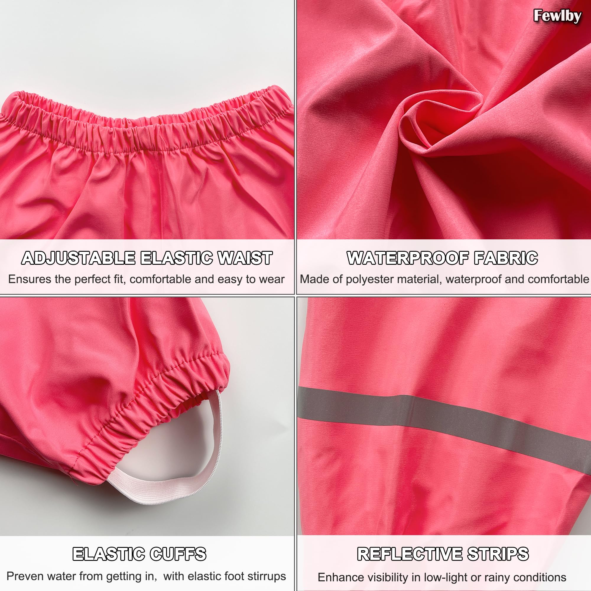 Fewlby Enfant Pantalon Imperméable Pantalon de Pluie, Filles Garçons Combinaison de Pluie avec Bandes Réfléchissantes Réutilisable Vêtements de Pluie