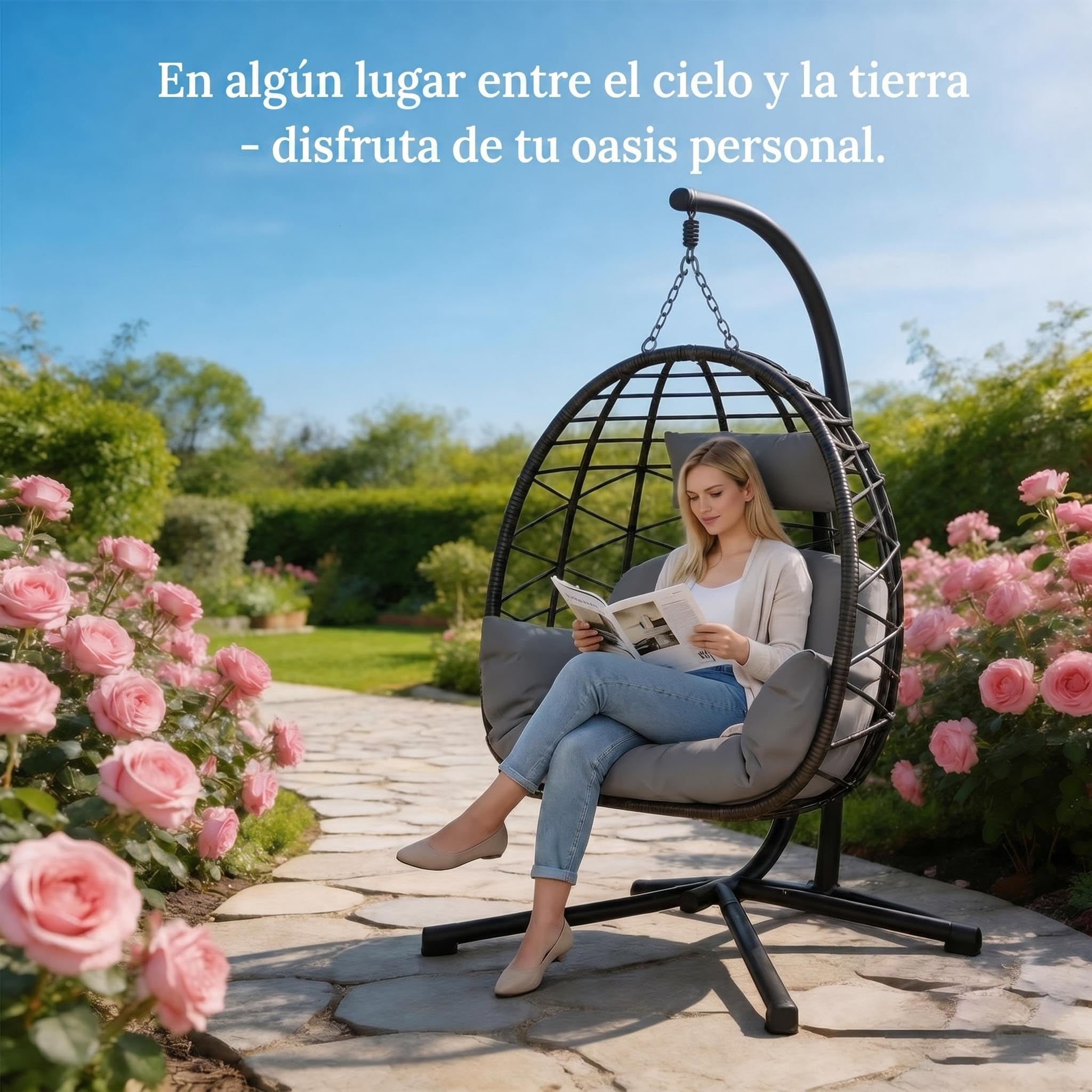 Litake Silla Colgante para Exterior y Jardín - Estructura Completamente Metálica - Silla Huevo con Soporte, Soporta hasta 150 kg - con Cojines Cómodos, Ideal para Jardín, Balcón y Patio, Gris