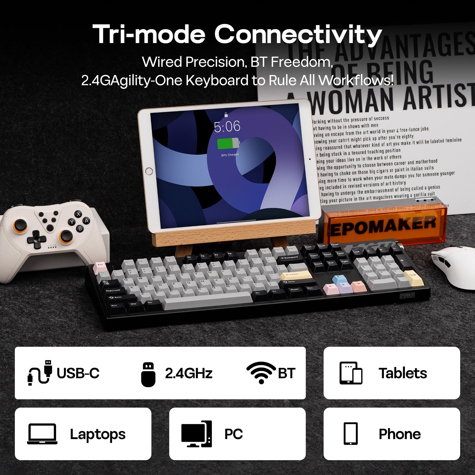 EPOMAKER TH108 Pro Teclado Mecánico Inalámbrico para Juegos de Tamaño Completo con Pantalla y Perilla, 10000mAh, Gasket Cremosa, Hot Swap, Controlador Personalizado, RGB (Negro, Creamy Jade)