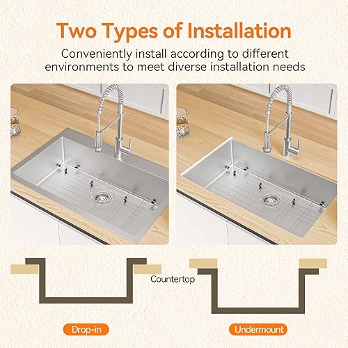 Miniatura 6 de Fregadero de cocina de 33 x 22 pulgadas, fregadero de cocina de un solo tazón con grifo extraíble, lavabo de acero inoxidable T-304 de calibre 18