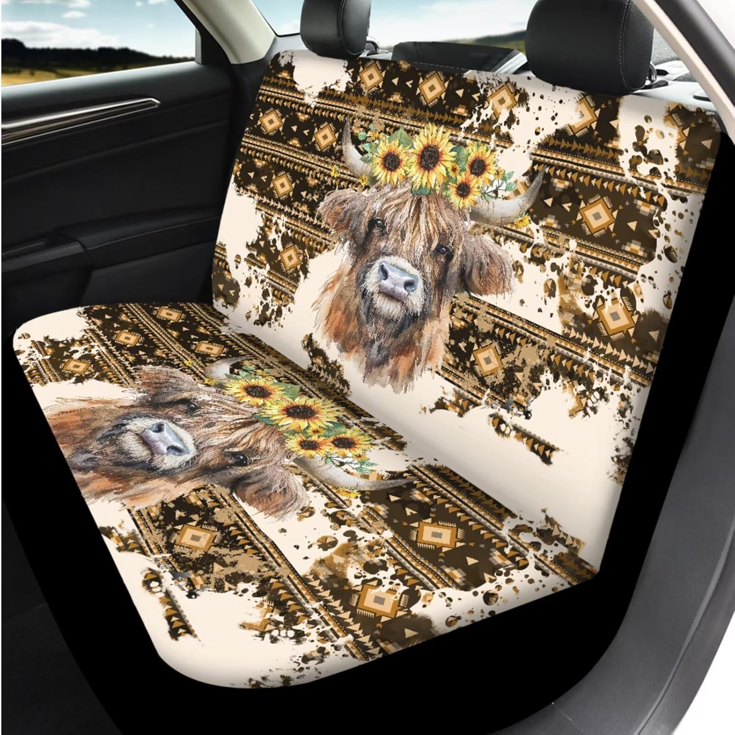XYZCANDO Highland Cow Sunflower Auto Accessories Set 14 Pcs with Cars Seat Covers and Steering Wheel Cover Seat Belt Pads Armrest Cover and Water Cup Pad Soft Universal Fit for Car SUV