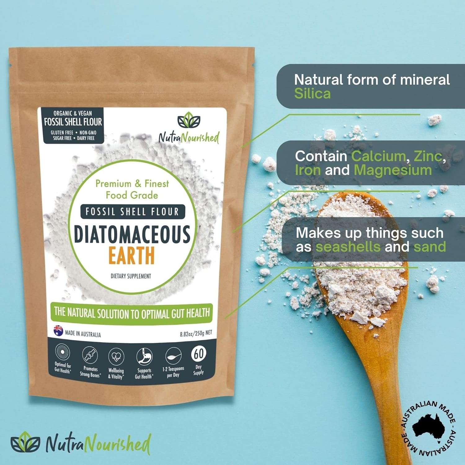 Fossil Shell Flour Powder for Detoxification, Digestive Health, and Natural Wellness - Organic and Silica Rich Mineral Supplement. 250g