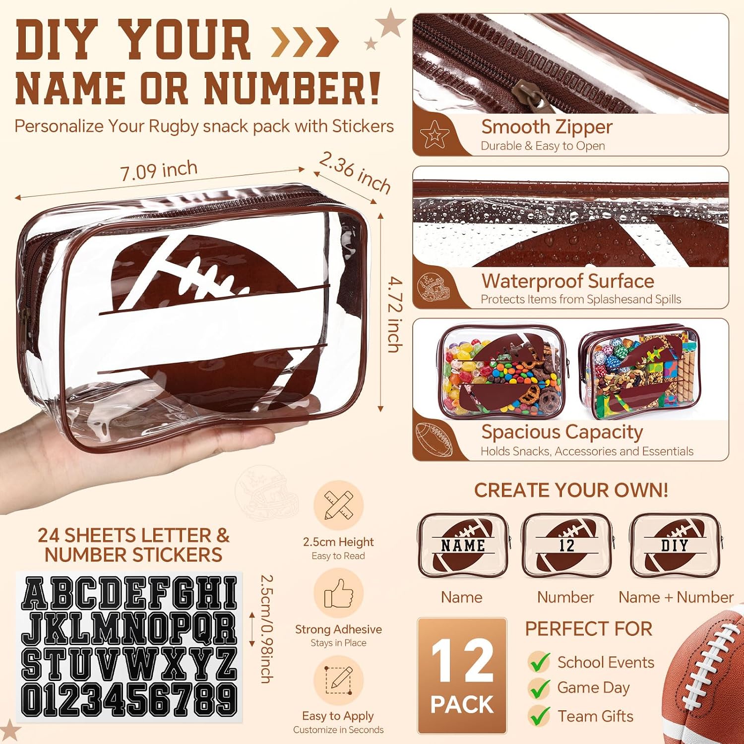 Bulyoou 12 Pcs Football Snack Bags for Team Gift with 24 DIY Name Sticker image 2