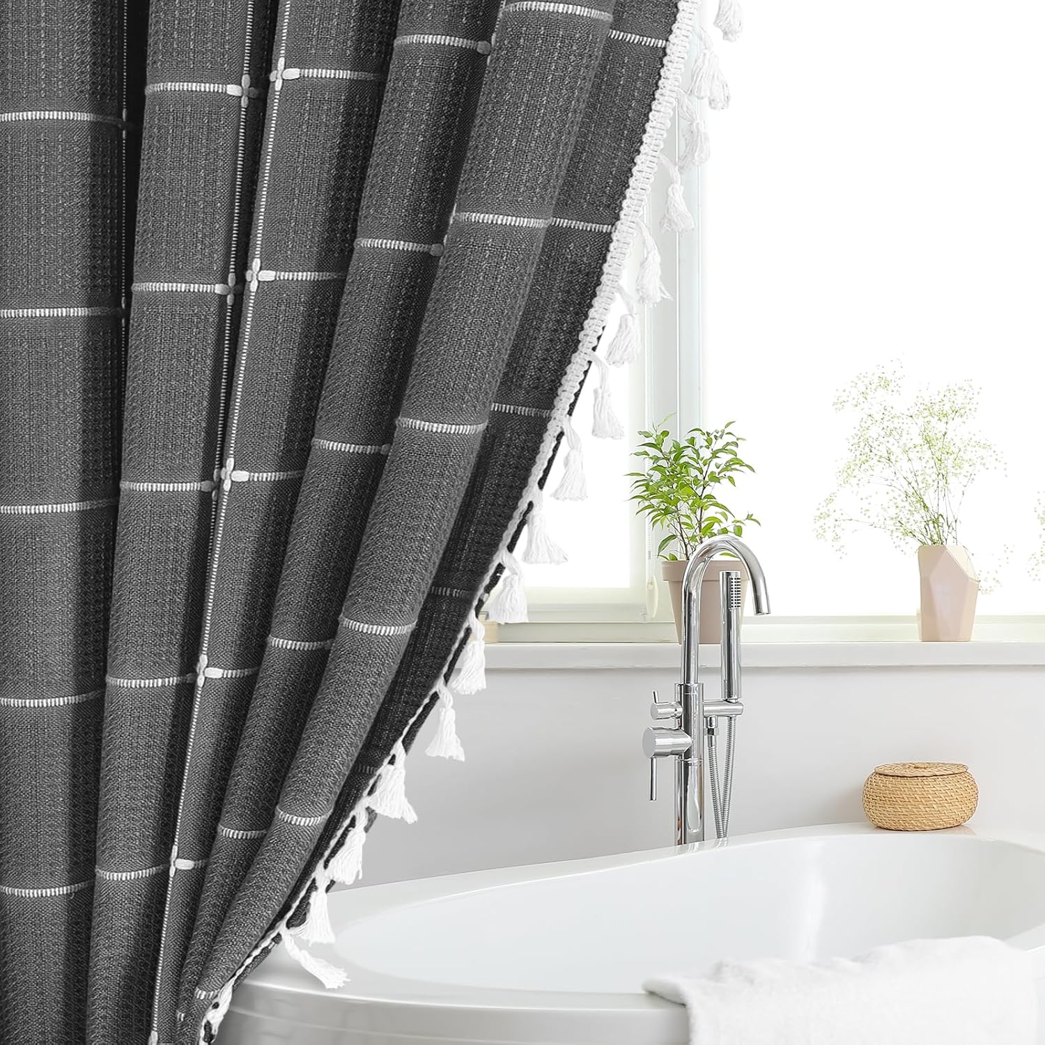 Gibelle Charcoal Grey Boho Farmhouse Shower Curtain with Tassels, Rustic Cottagecore Aesthetic Bohemian Chic Modern Bathroom Decor Thick Waffle Textured Fabric Shower Curtain Set with Hooks, 72x72