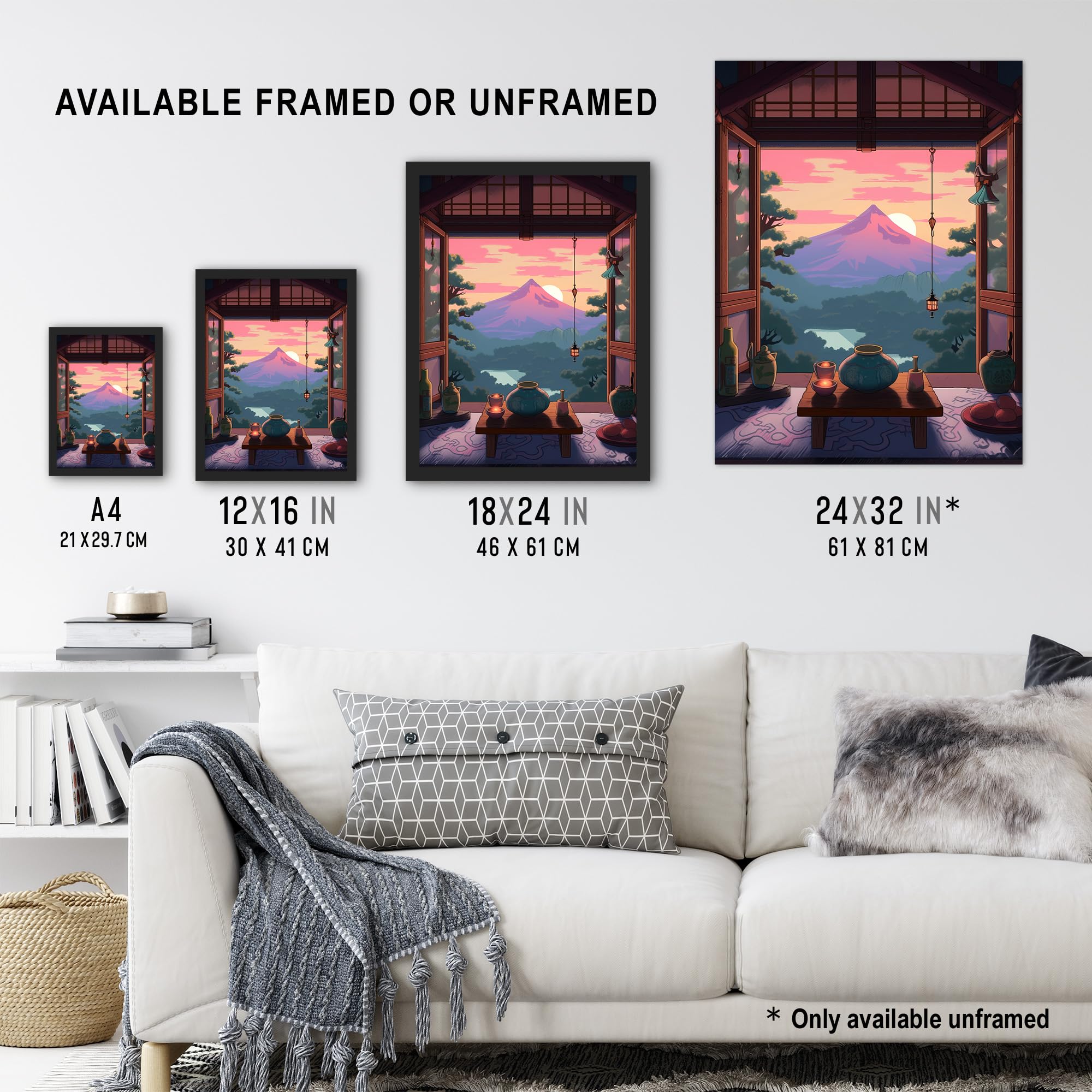 Artery8 Mount Fuji View from House Patio Colourful Painting Traditional Tea Ceremony Japanese Hospitality Sunset Mountain Landscape Unframed Wall Art Print Poster Home Decor Premium - Image 3