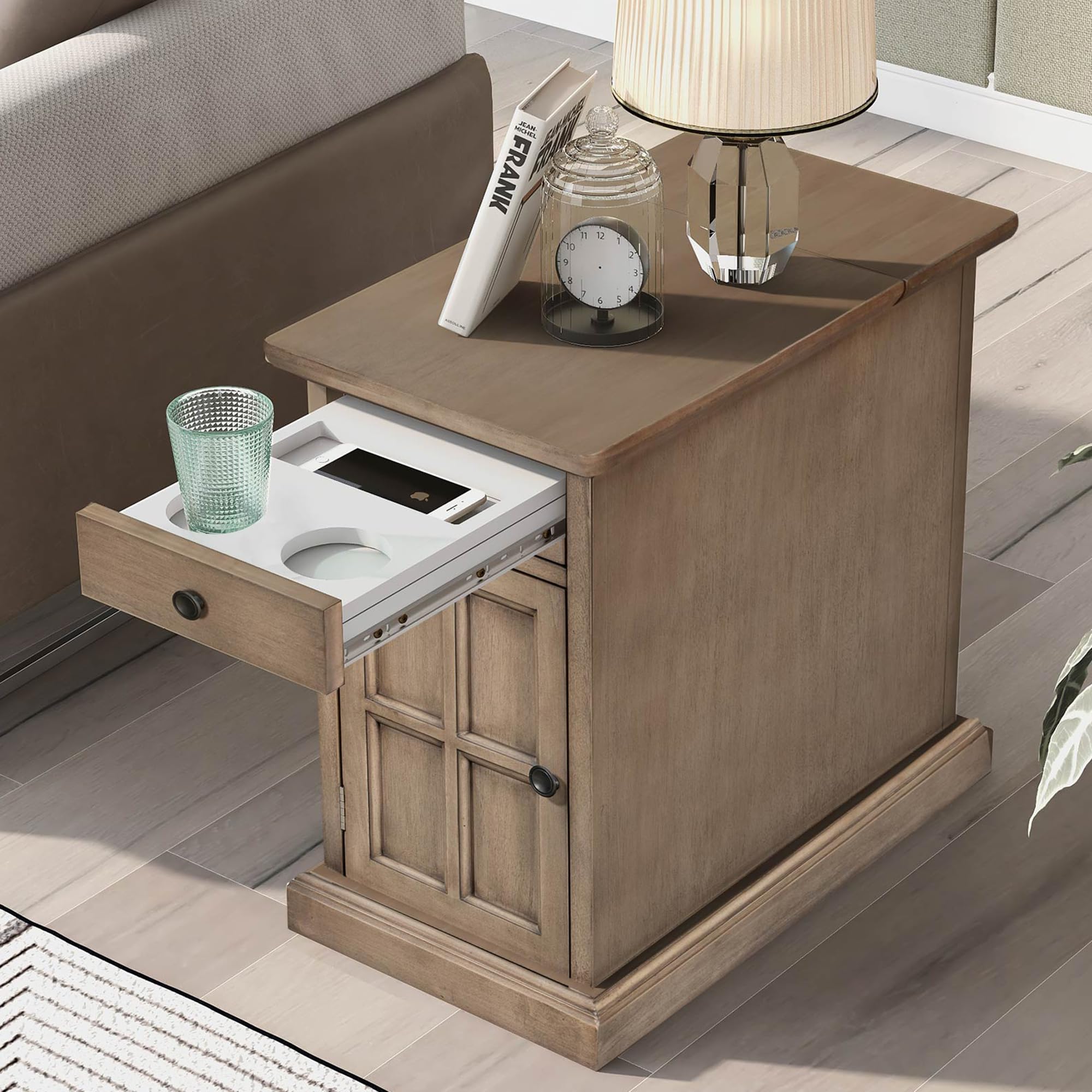 P PURLOVE Classic Vintage Living Room End Table, Wooden Side Table with USB Ports and One Multifunctional Drawer with Cup Holders (Antique white)