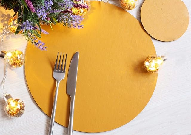 Set of 4 Elementary Mustard Leatherboard Round Placemats and 4 Coasters - UK Made