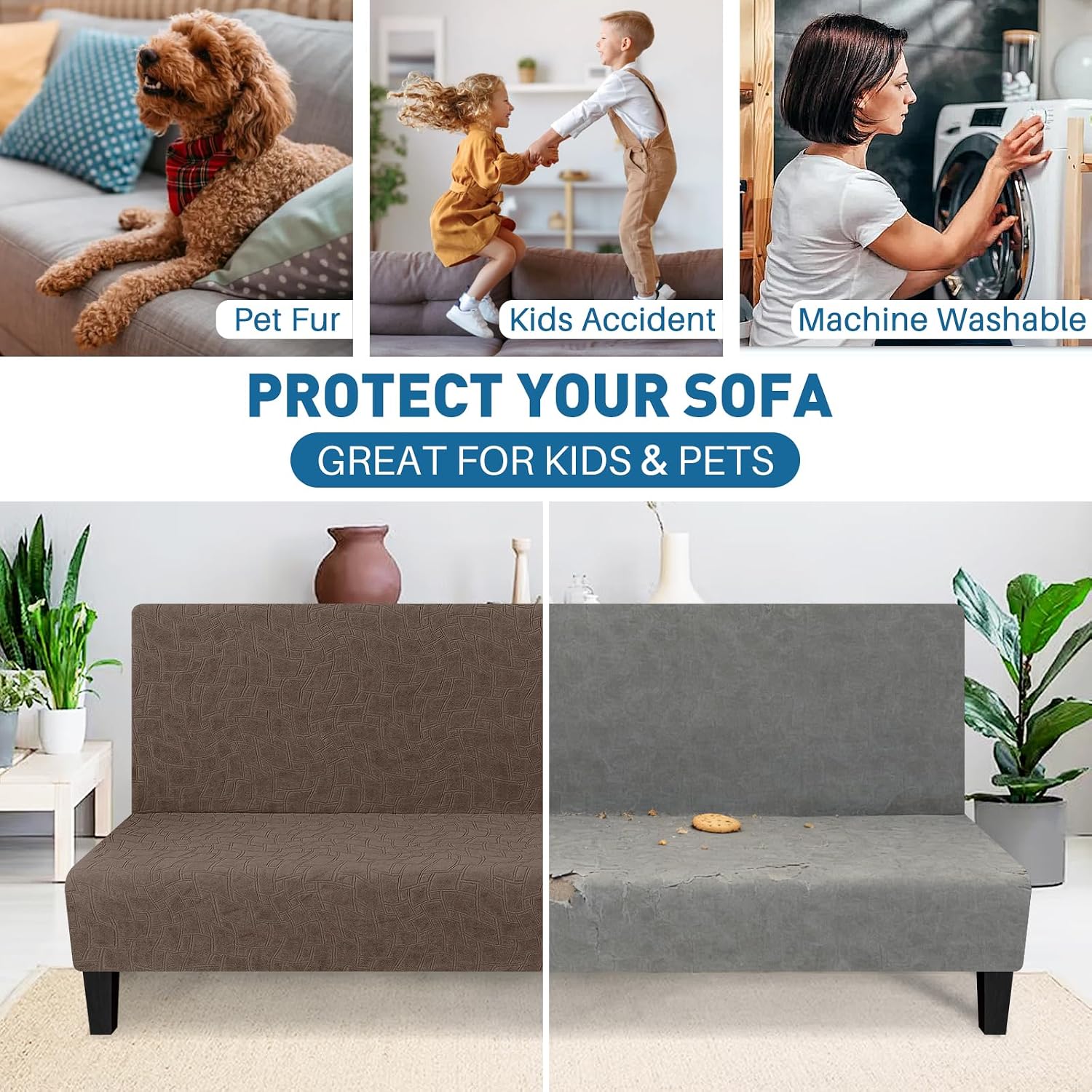 MAXIJIN Waterproof Futon Cover Full Size Washable Armless Sofa Bed Couch Cover Stretch Jacquard Futon Slipcovers Furniture Protector with Non-Slip Elastic Bottom (67"-82", Coffee)