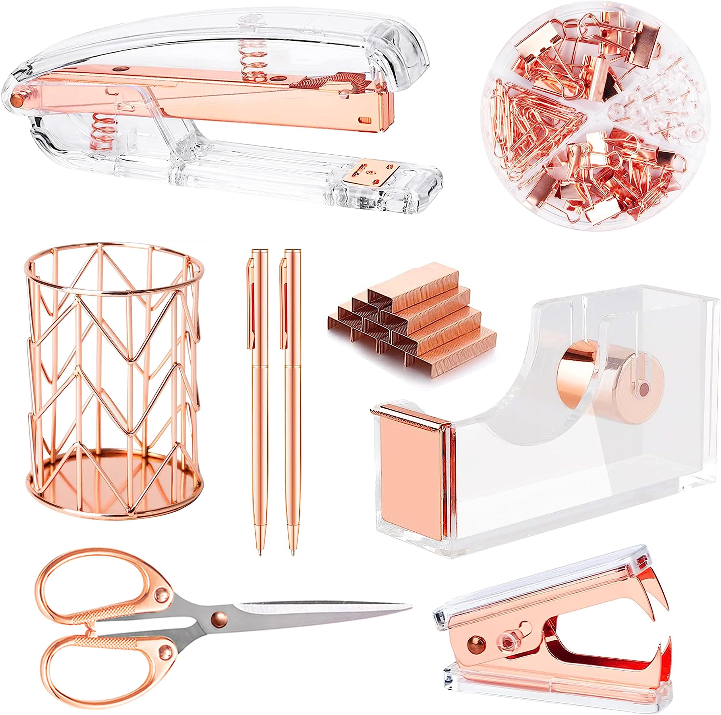 Rose Gold Office Supplies Set Stapler, Tape Dispenser