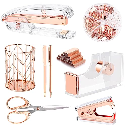 Famassi Rose Gold Desk Accessories，Office Supplies Set Acrylic Stapler Set