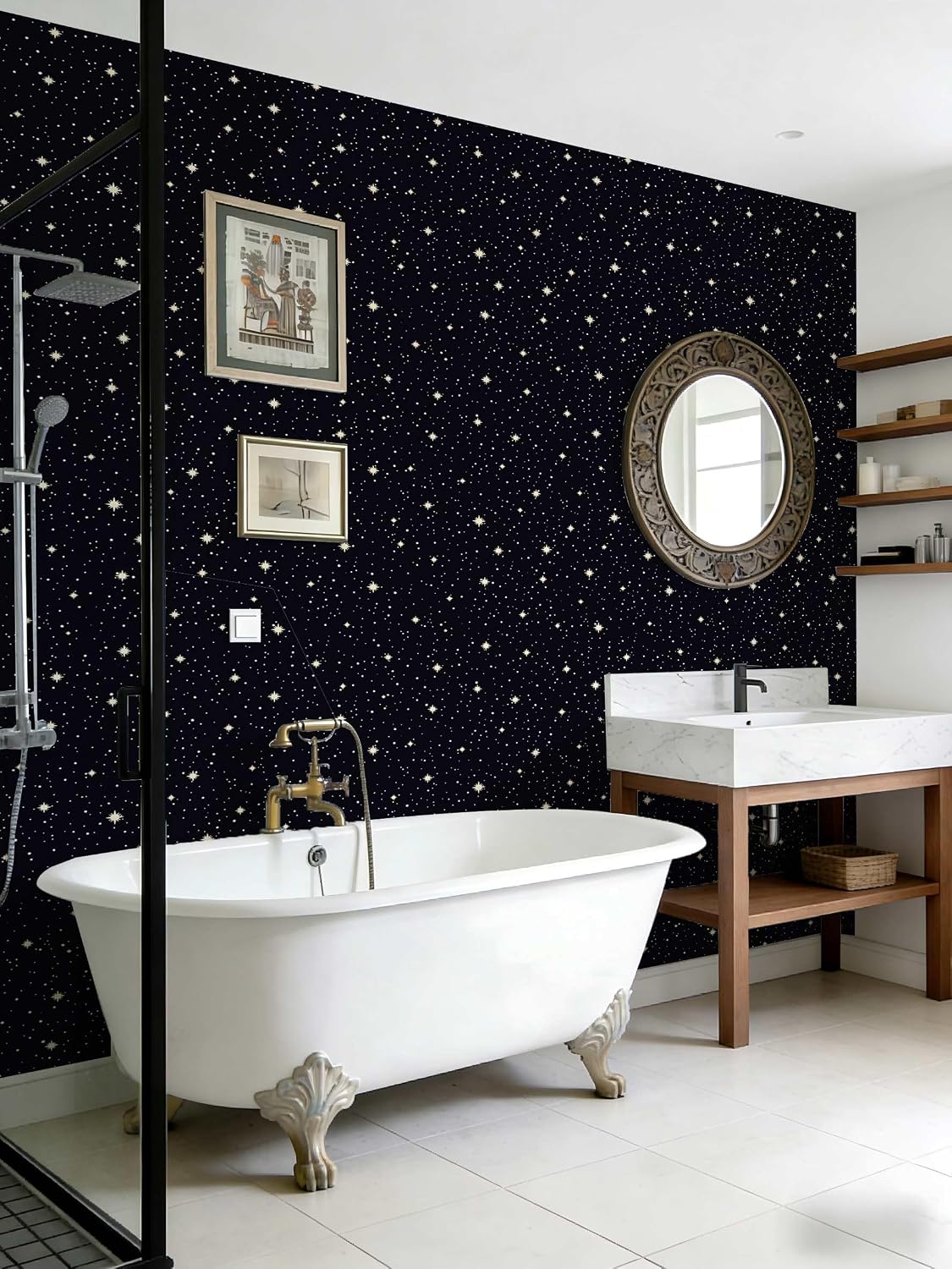 Celestial Starry Night Peel and Stick Wallpaper, (Black and Cream) Whimsical Cosmic Pattern Wallpaper for Home Decor | 17.7" x 236", Self-Adhesive, Waterproof Vinyl