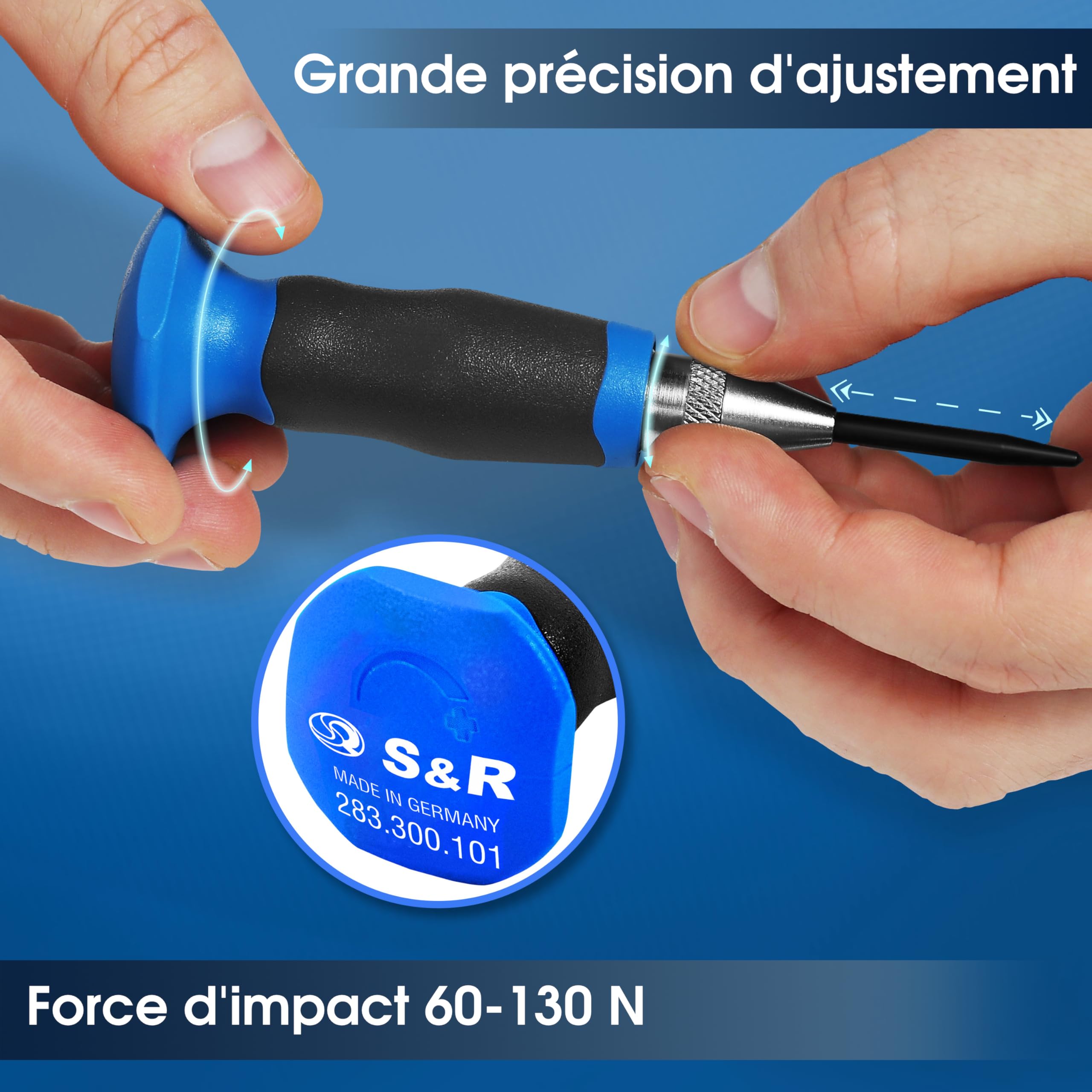 S&R Pointeau Poinçon Central Automatique à Frapper Acier/Métal/Bois 60-130 N - MADE IN GERMANY. Avec Pointe de rechange
