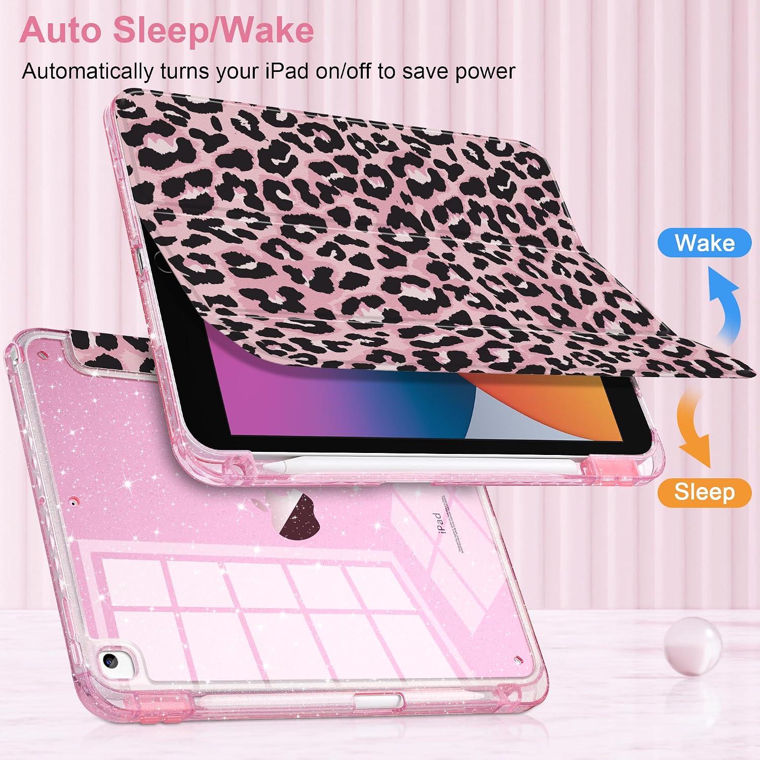 TWOLSKOO Glitter Case for iPad 10.2 Inch (9th/8th/7th Gen 2021/2020/2019), Acrylic Clear Back with Soft TPU Bumper, Trifold Stand Cover with Pencil Holder, Auto Sleep/Wake, Pink Leopard
