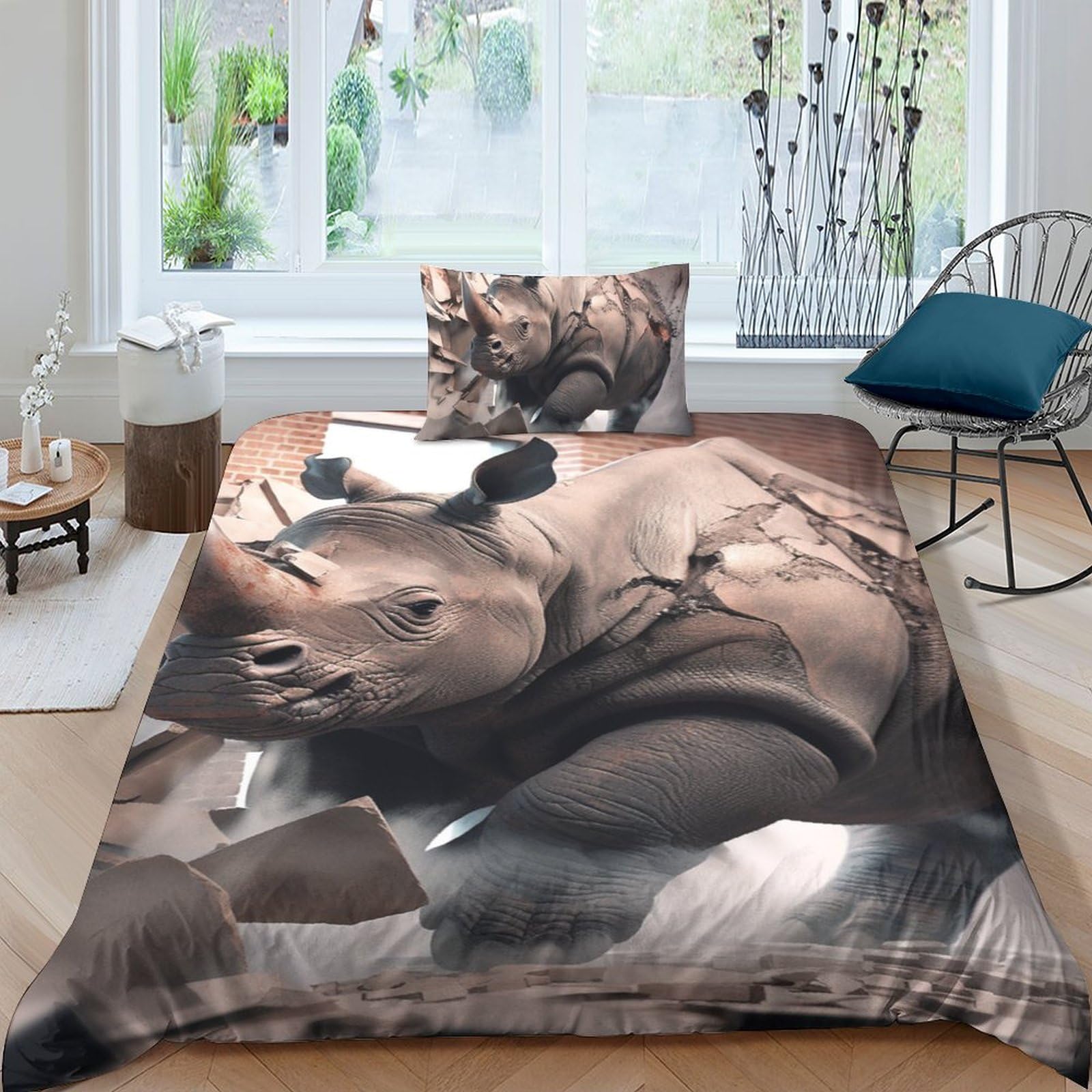 Parure de lit rhinocéros 3 pièces hypoallergénique avec taies d'oreiller