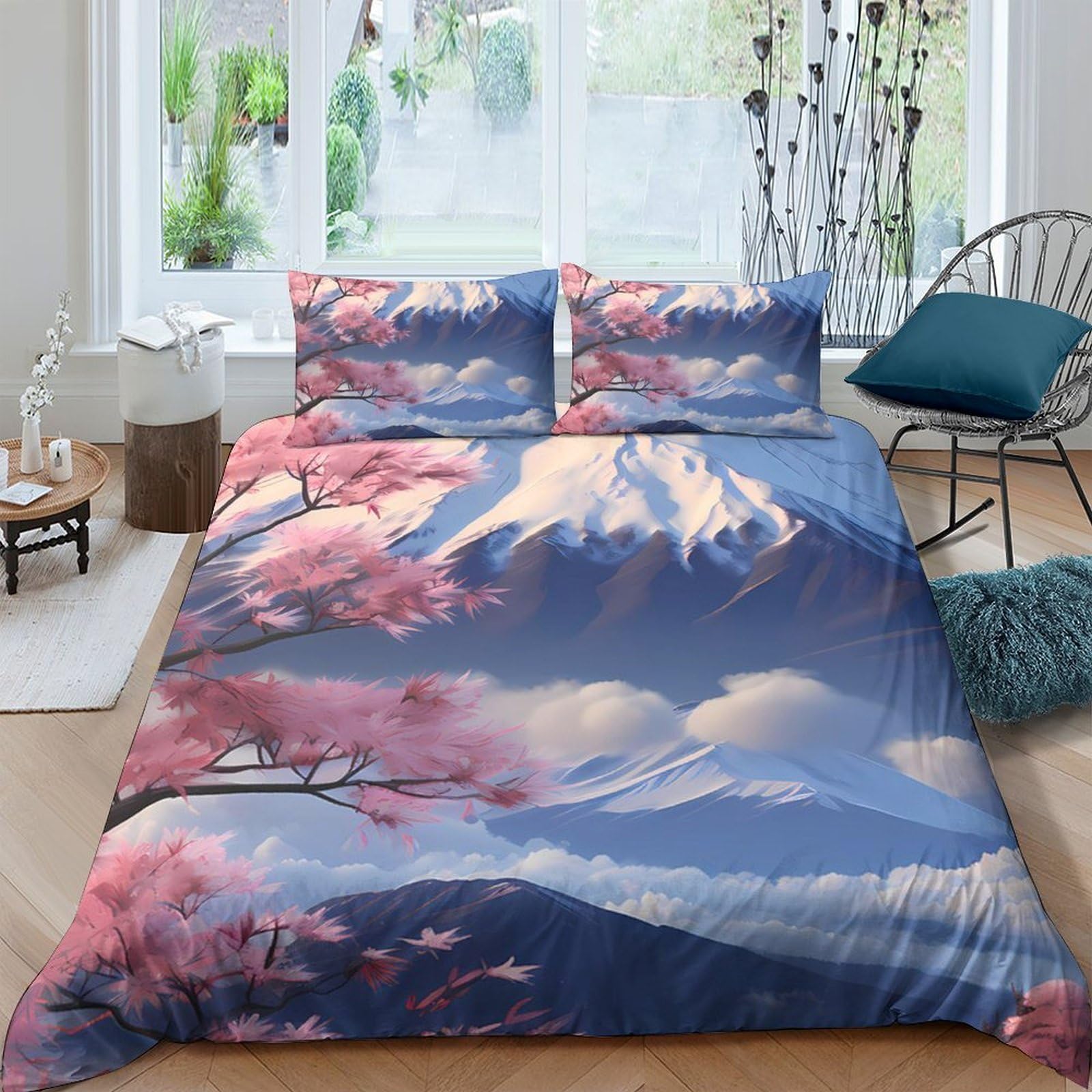 Ctjqhvkz Style-6 3D Printed Sakura Mountain Fitted Sheet Microfiber Soft Pink Blue Landscape Bed Cover Bedroom Decor Single（135X200cm）