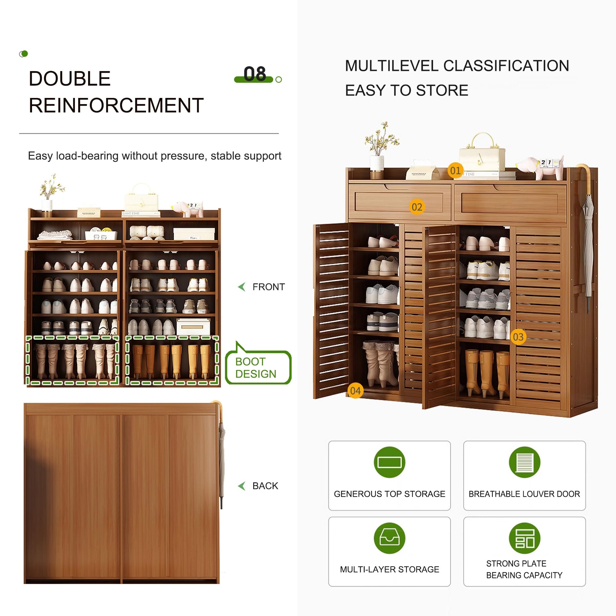 HASMI Gabinete de Zapatos de Bambú para Entrada con Puertas de Obturador, Estante de Zapato Independiente de Madera Gran Capacidad/a/95 * 33 * 115Cm